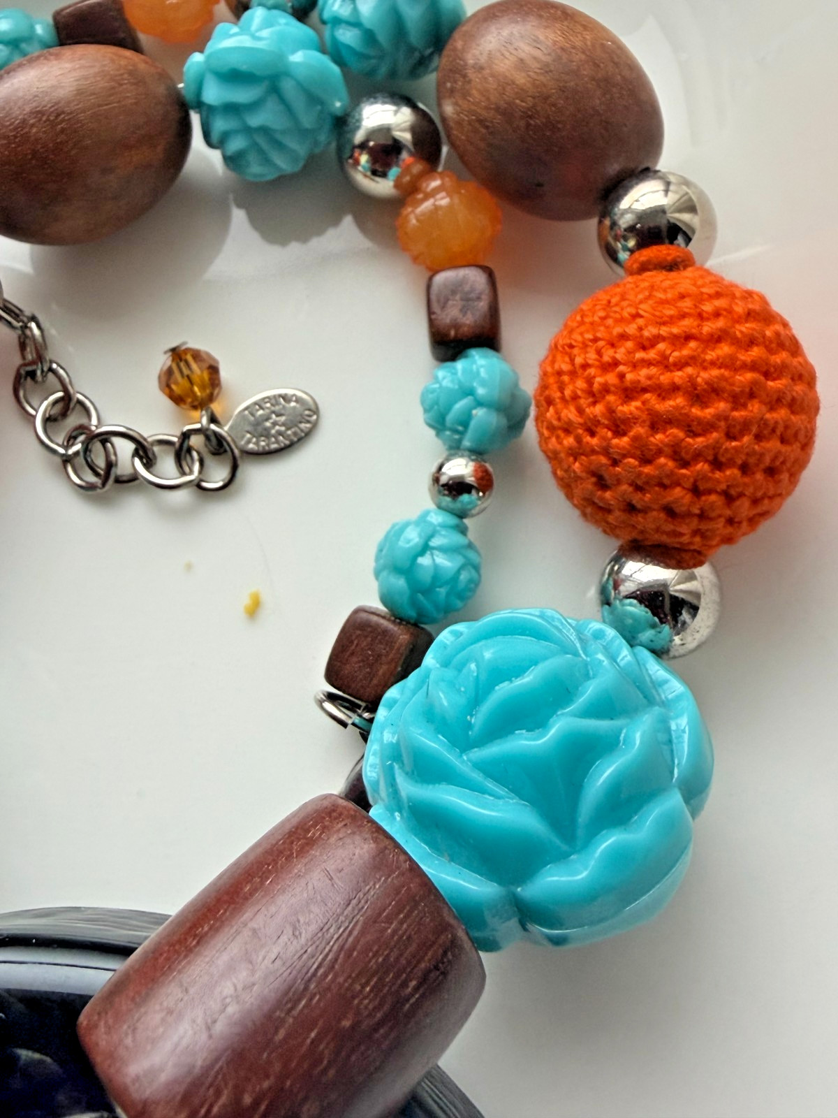 Tarina Tarantino Necklace Carved Rose Wood Crystal Crochet Unworn See Paint Flaw