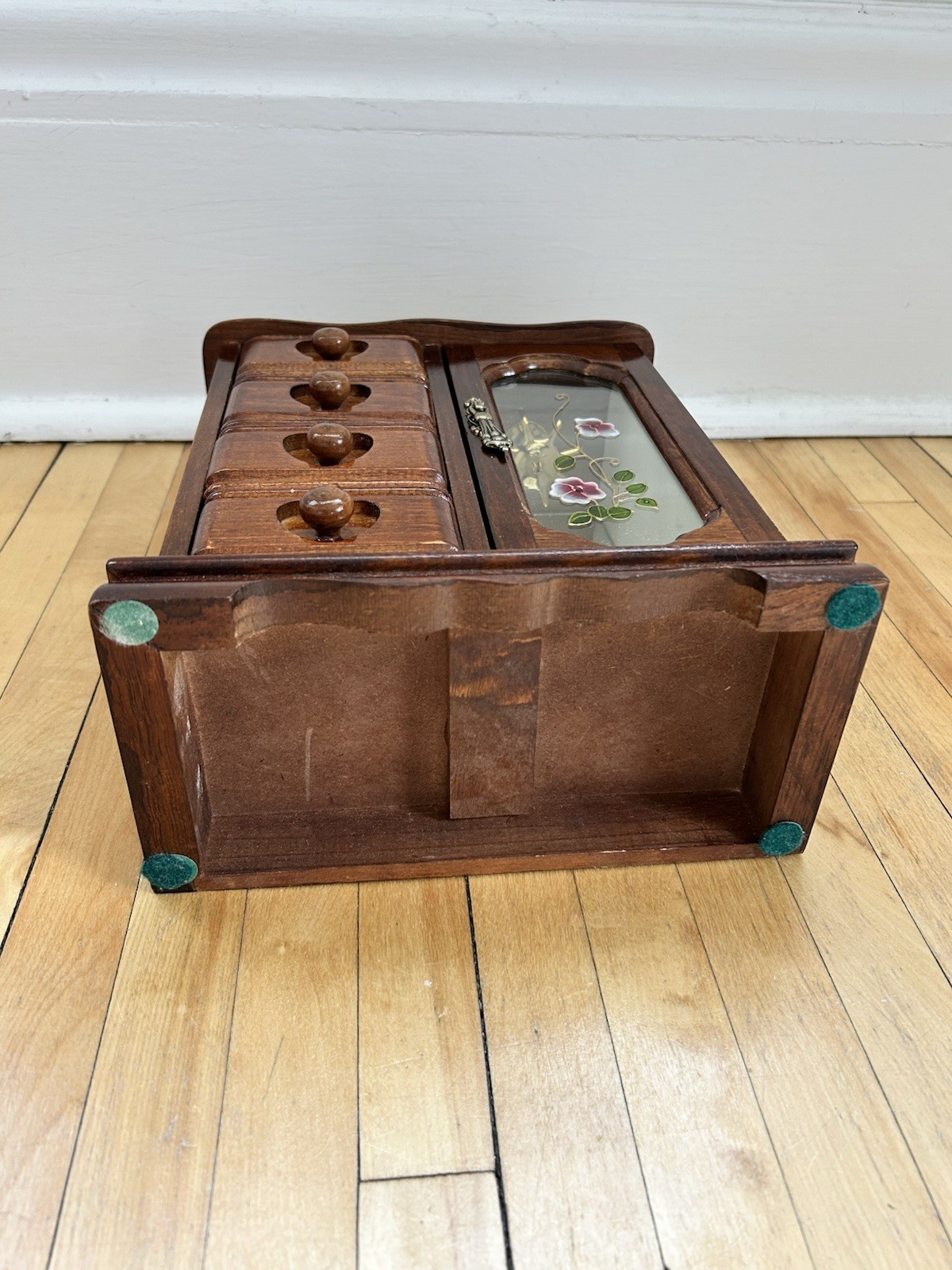 Vtg Wooden Jewelry Box Stained Floral Glass Door Mirrored With 5 Drawers