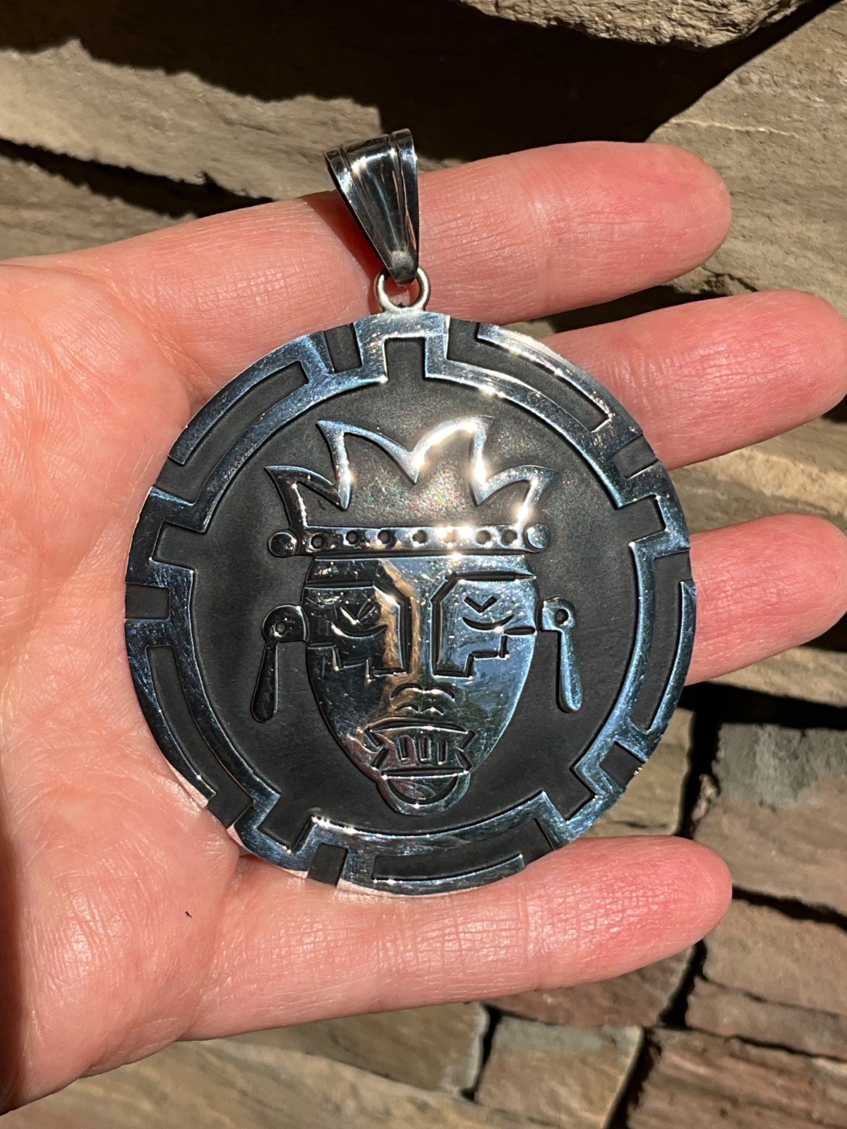 Huge Vintage Sterling Silver Aztec Mask Pendant Mexico 22.4g Handcrafted Tribal