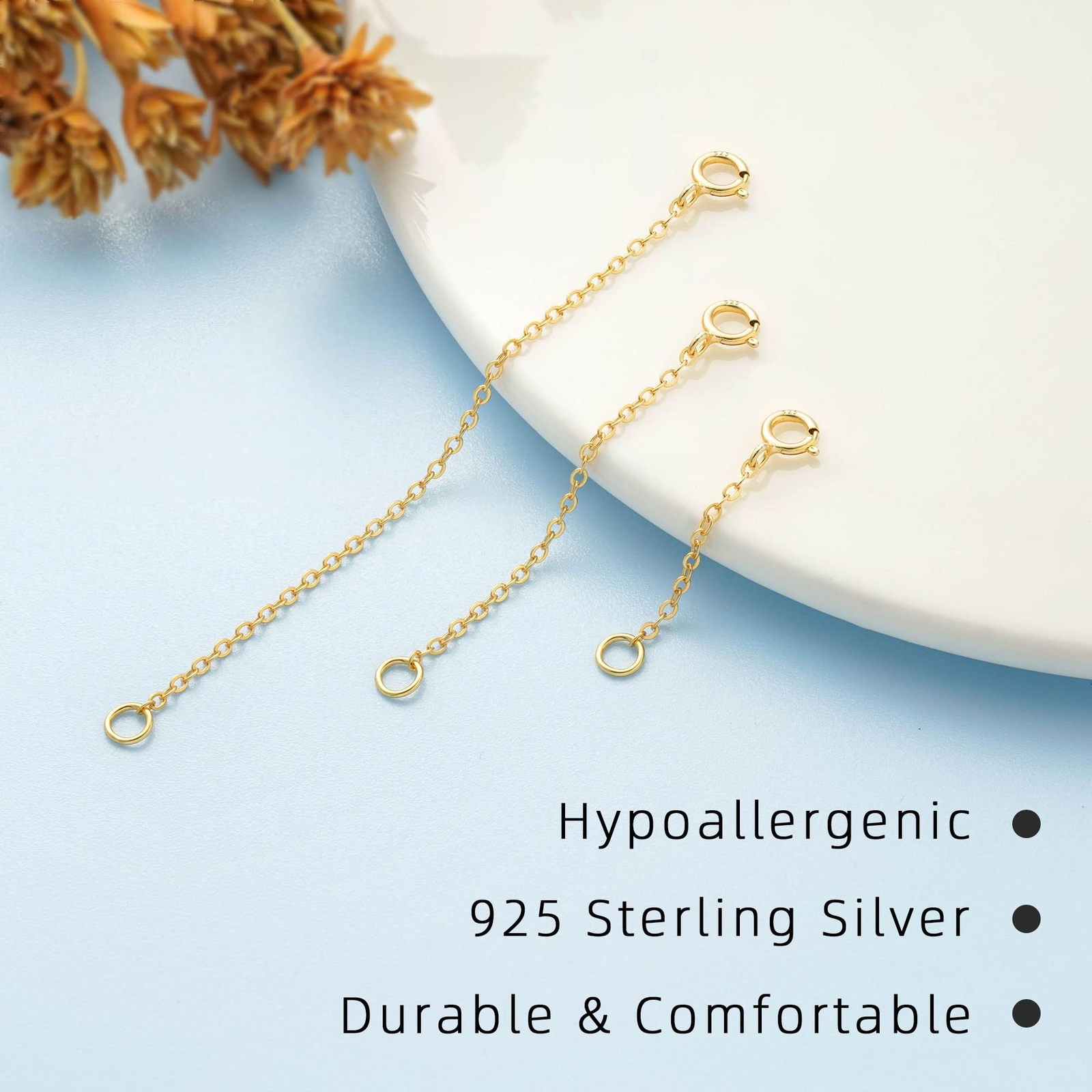 3 Pack 14K Gold Plated Necklace Extenders Chain Bracelet Extender, 1/2/3 Inch