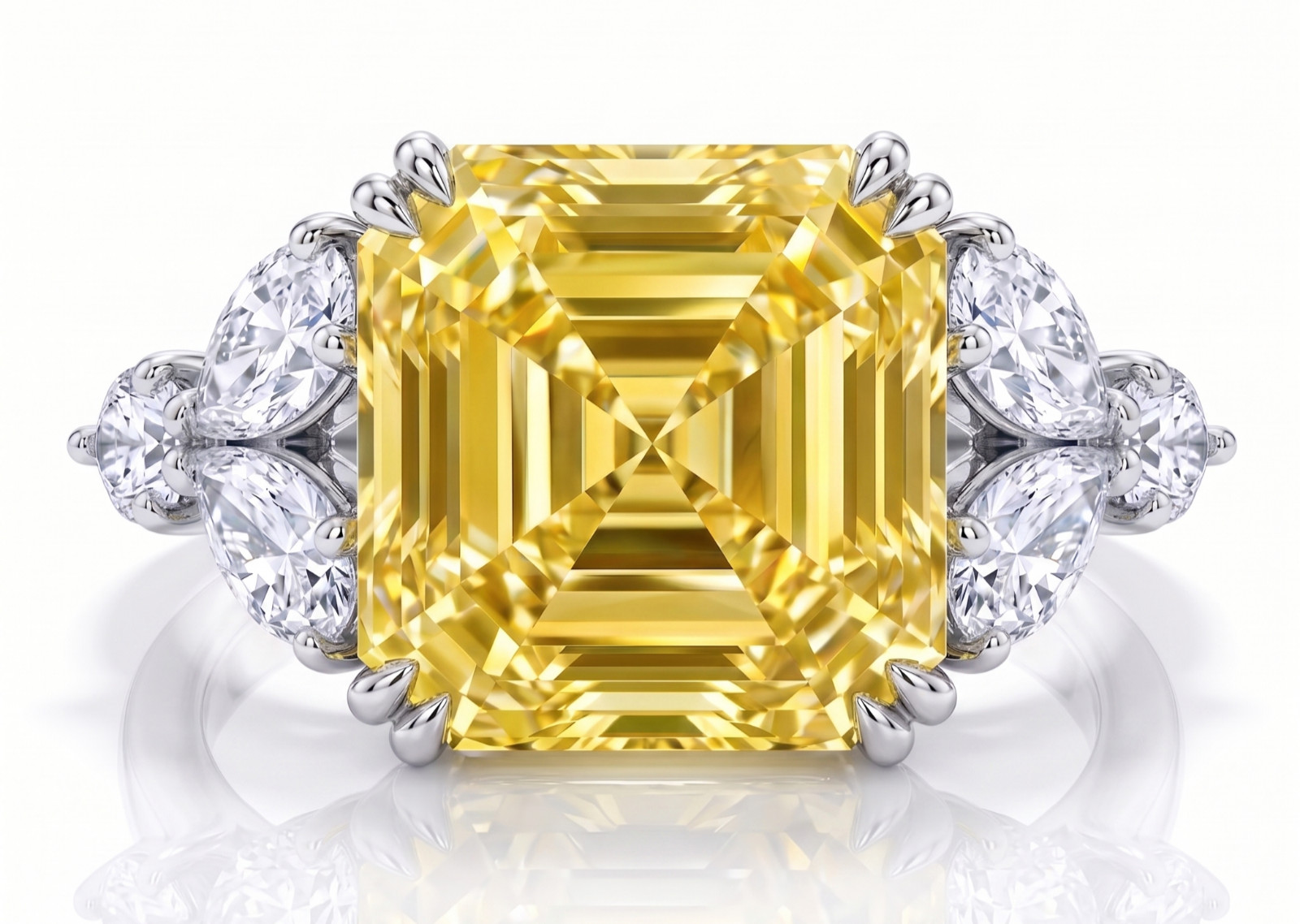 5.30 Ct Certified Asscher Cut Yellow Natural Diamond Ring VVS1 White Gold Finish