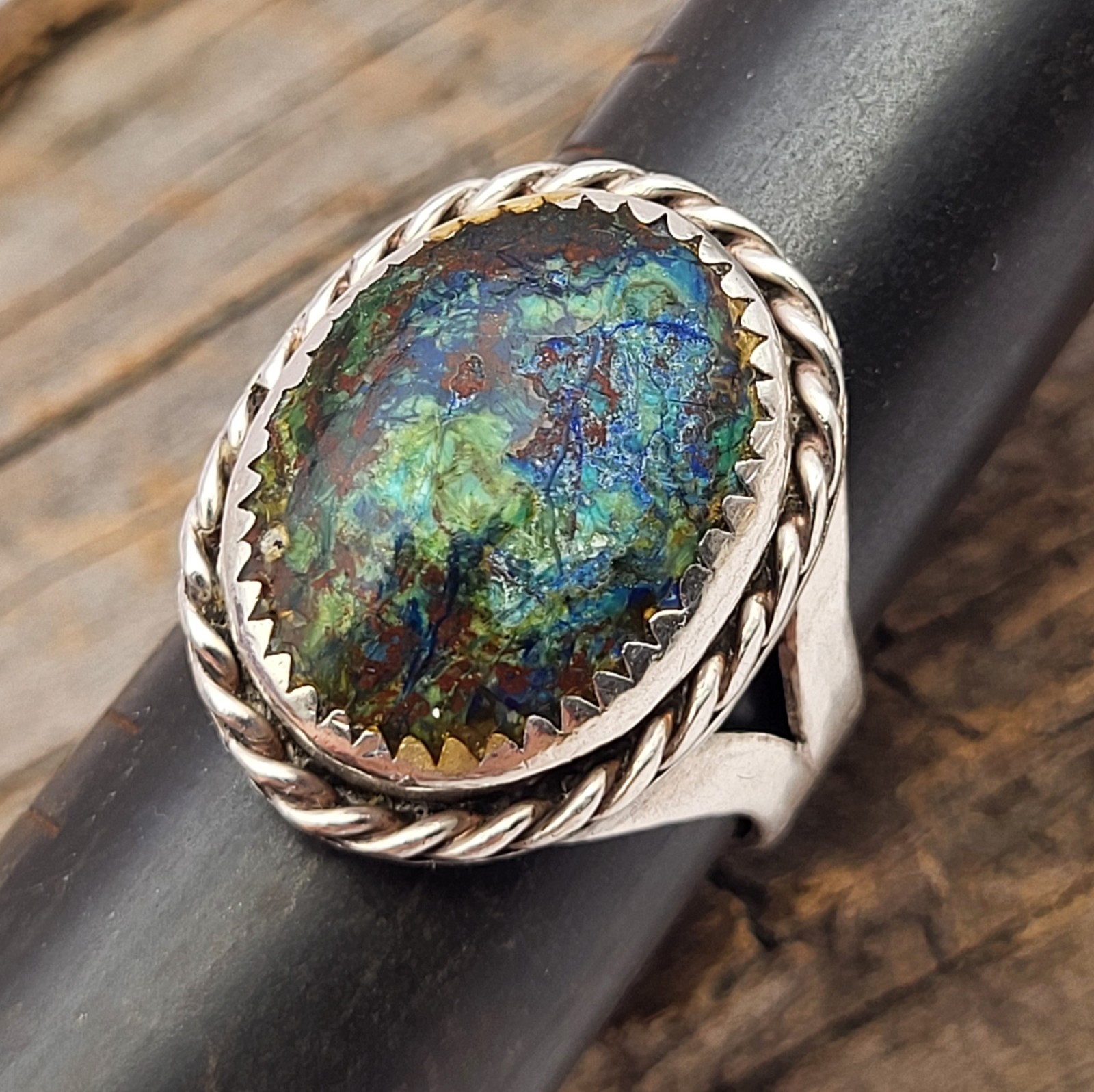 Beautiful Solid 925 Sterling Silver Oval Azurite Malachite Ring