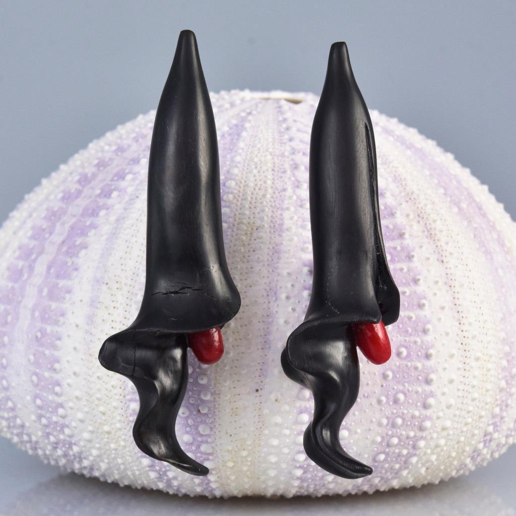 Trumpet Flower Earring Pair Carved Black Horn & Red Sponge Coral drilled 6.80g
