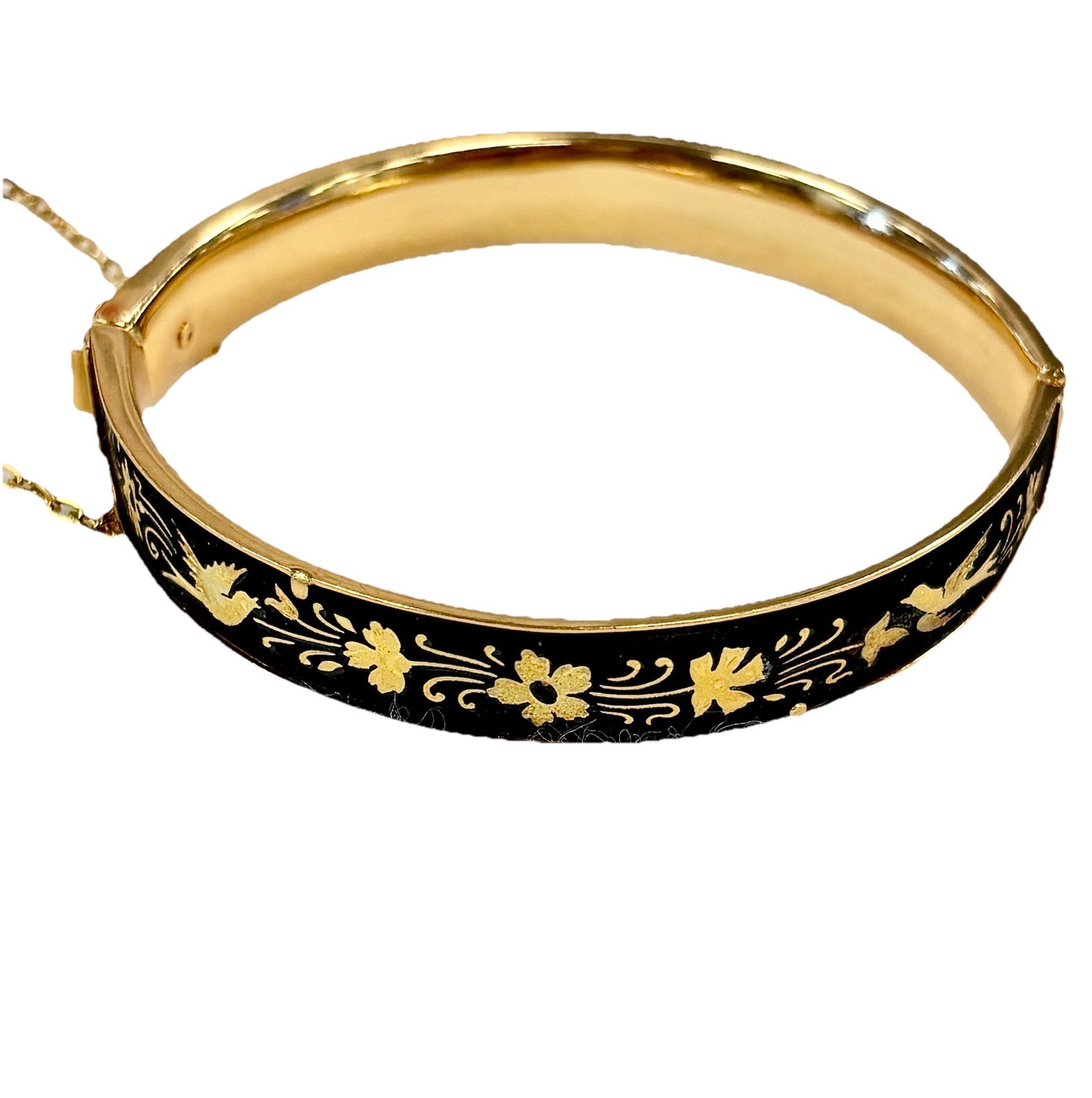 VTG Hinged Bangle Bracelet Gold Black Velvet Flocked Bird Floral Safety Chain