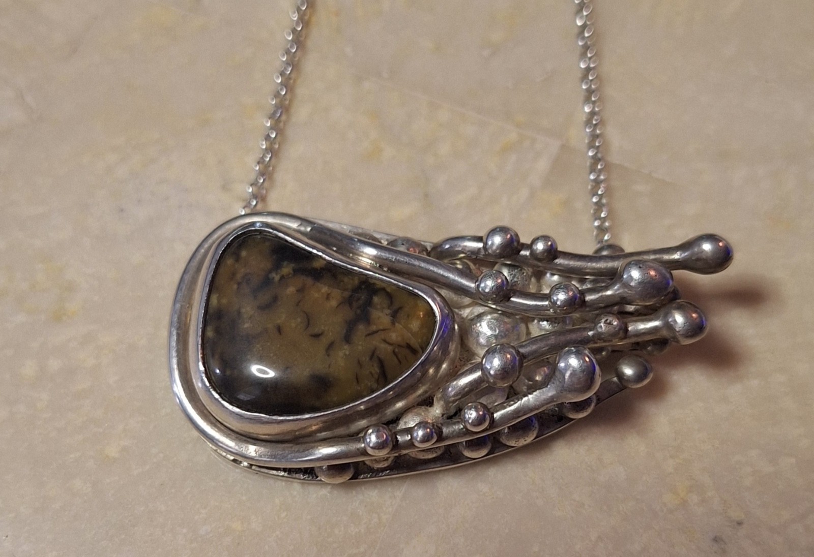 Martin Denoch Beach Stone Pendant 925 Sterling Silver Chain Brutalist Sweden