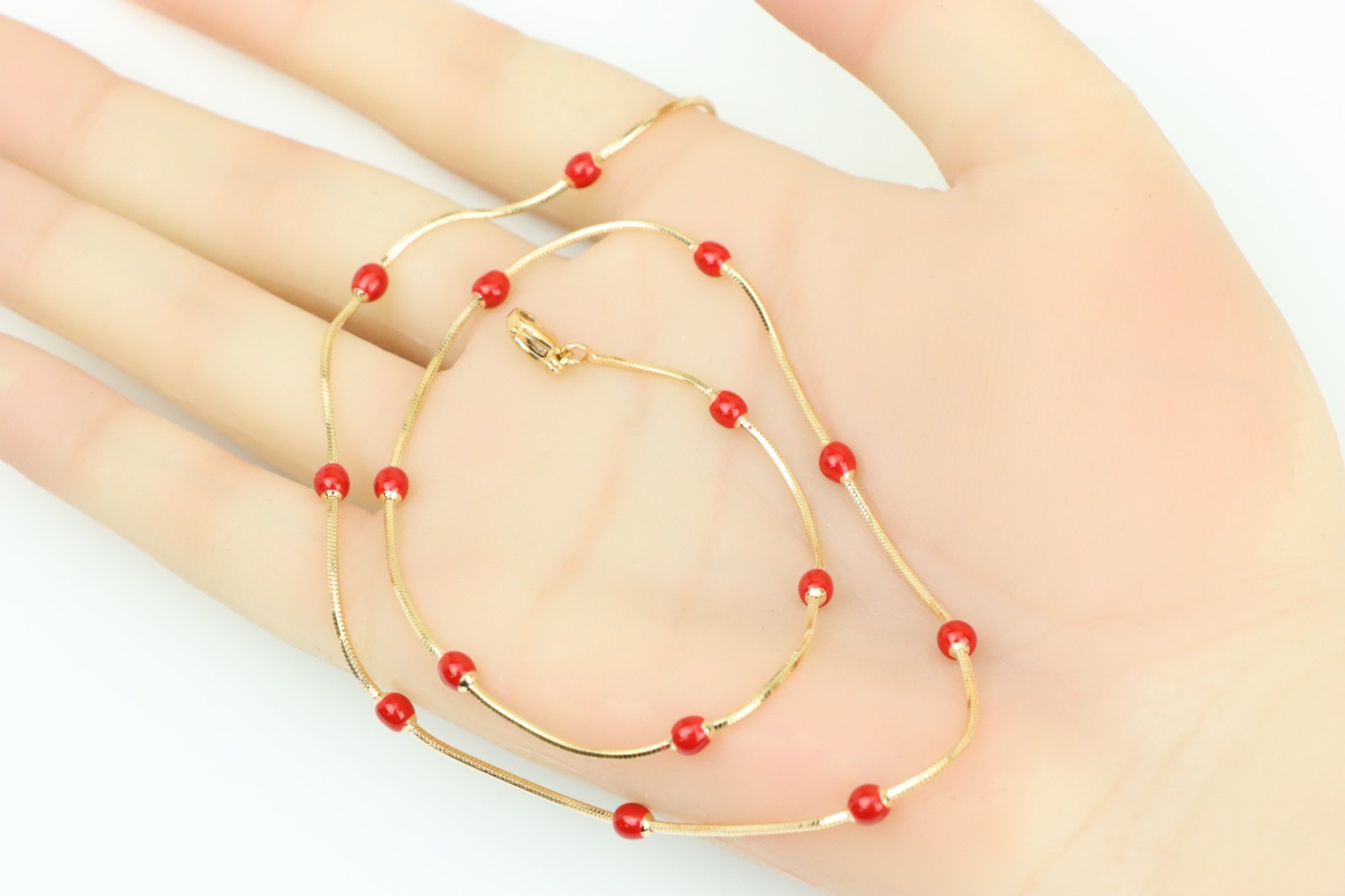 Delicate Yellow Gold Plated Necklace with Red Beads, XPNL0302