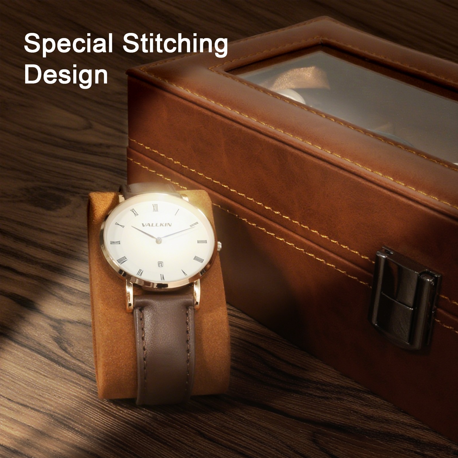 6 Slots Watch Box – PU Leather Case with Glass Lid, Display & Storage Organizer