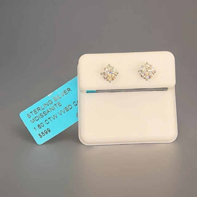 925 Sterling Silver Round Cut Moissanite Stud Earrings 1.60 CTW 60$