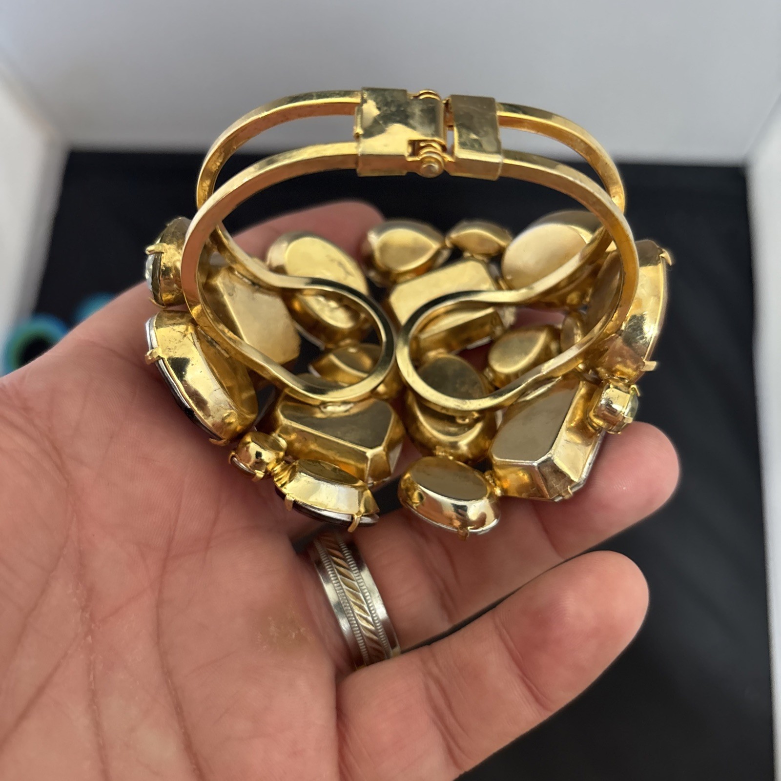 Vintage Gold Tone Plastic Resin Rhinestones Wide Hinged Bracelet Wow