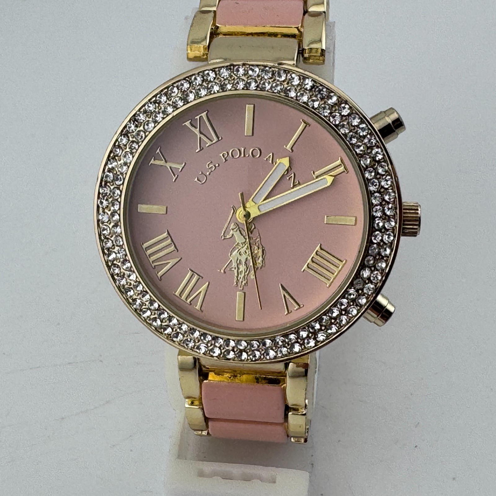 US Polo Assn Quartz Watch Women 40mm Gold Tone Pink Rhinestone New Battery 6.75″