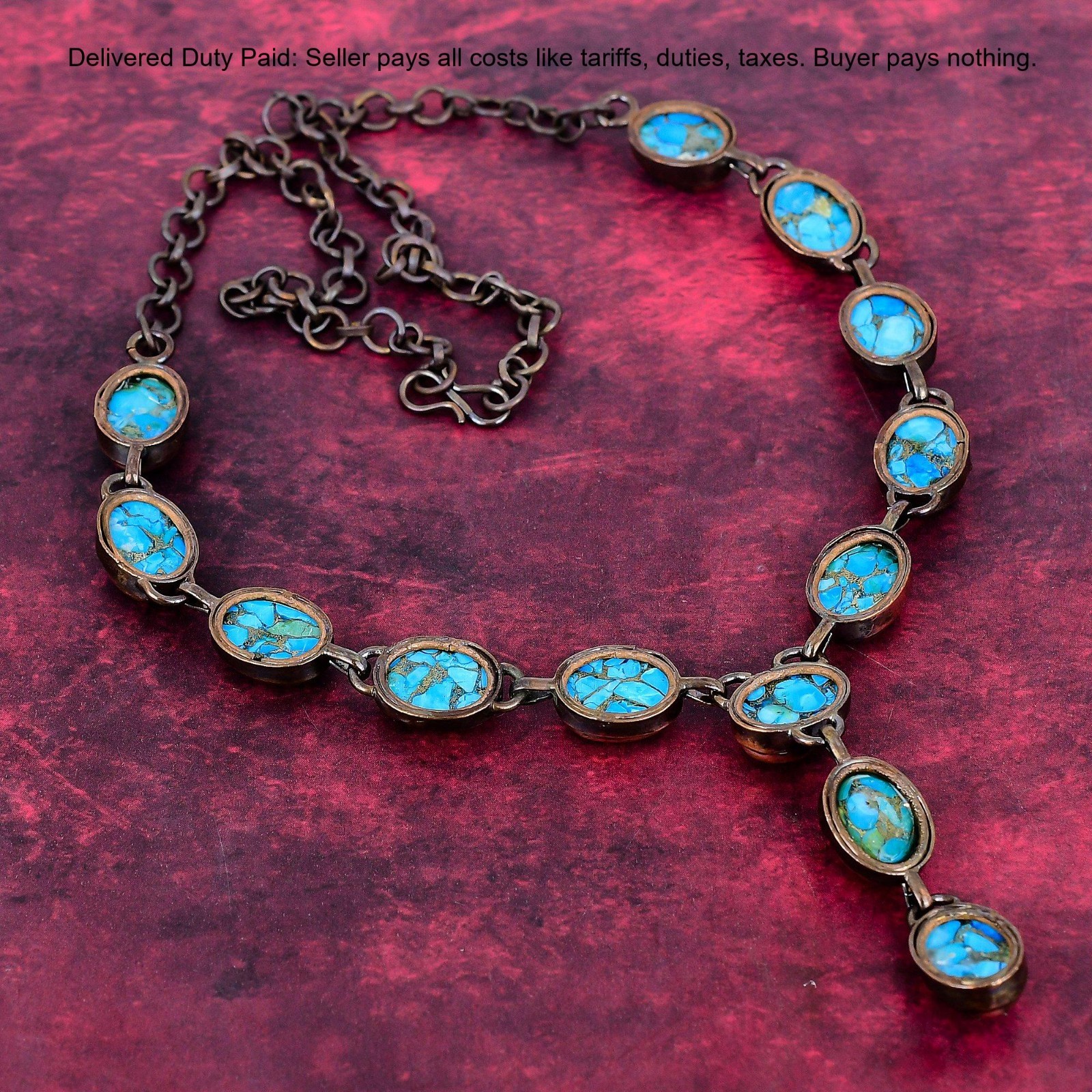 Copper Blue Turquoise Necklace Electroformed Copper Jewelry Adjustable Necklace