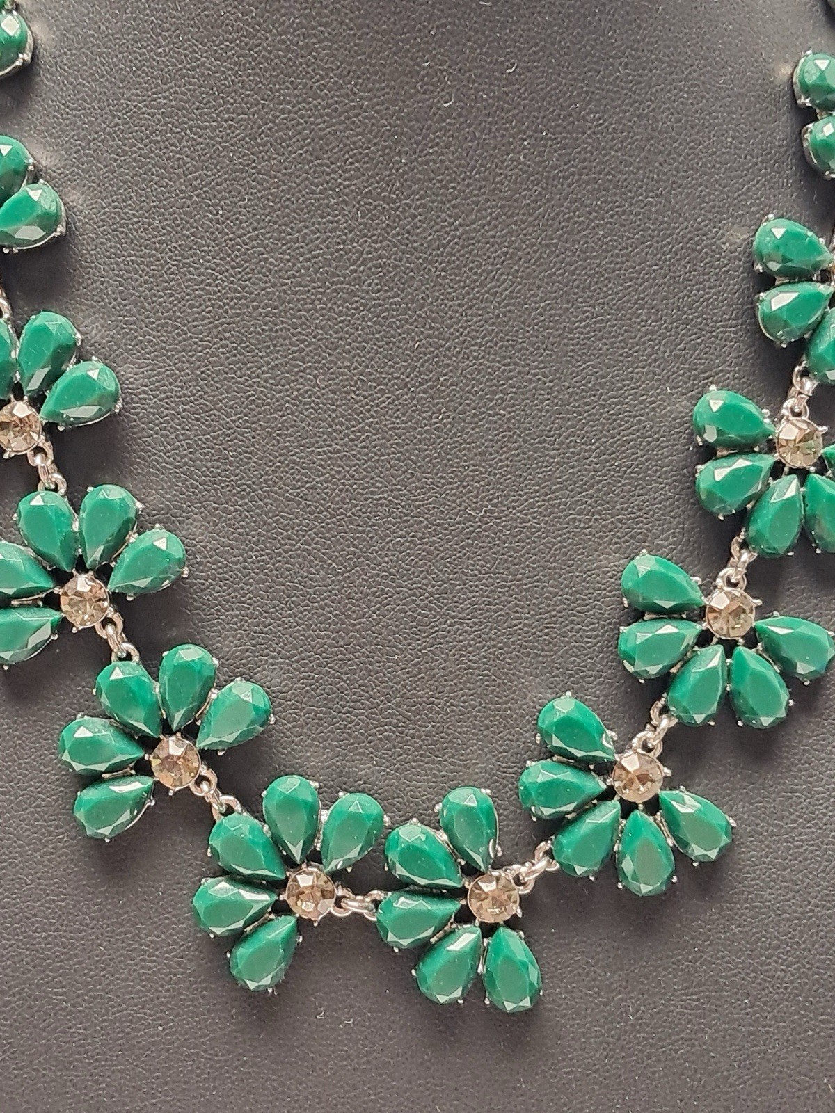 Ann Taylor Green Floral Statement Bib Necklace Rhinestone Silver Tone Signed