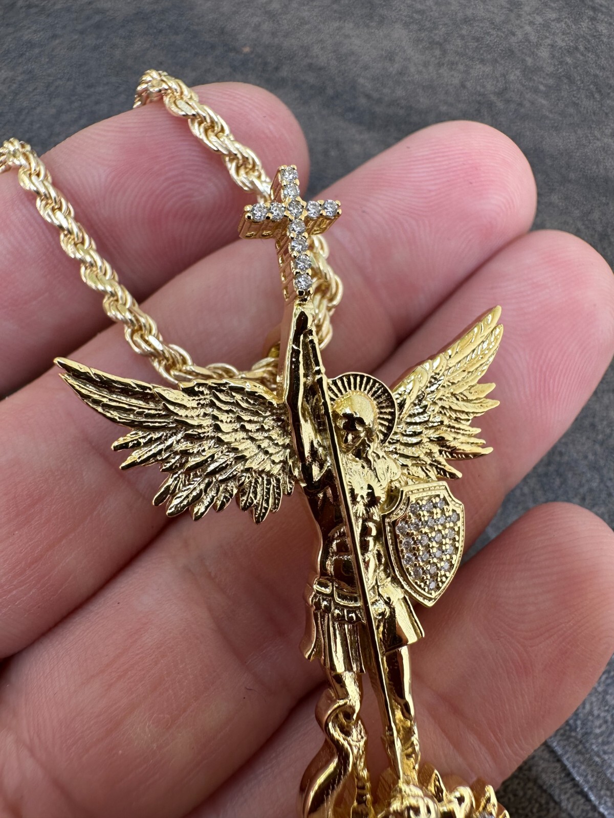 Real MOISSANITE Saint Michael Slaying Dragon Pendant 14k Gold Over 925 Silver