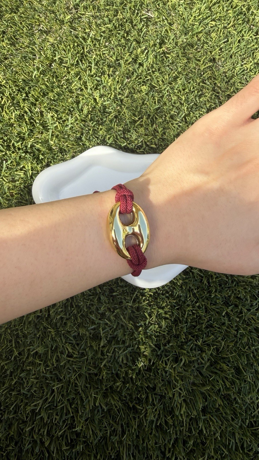 Burgundy Cord Bracelet with Gold Oval Charm, Adjustable