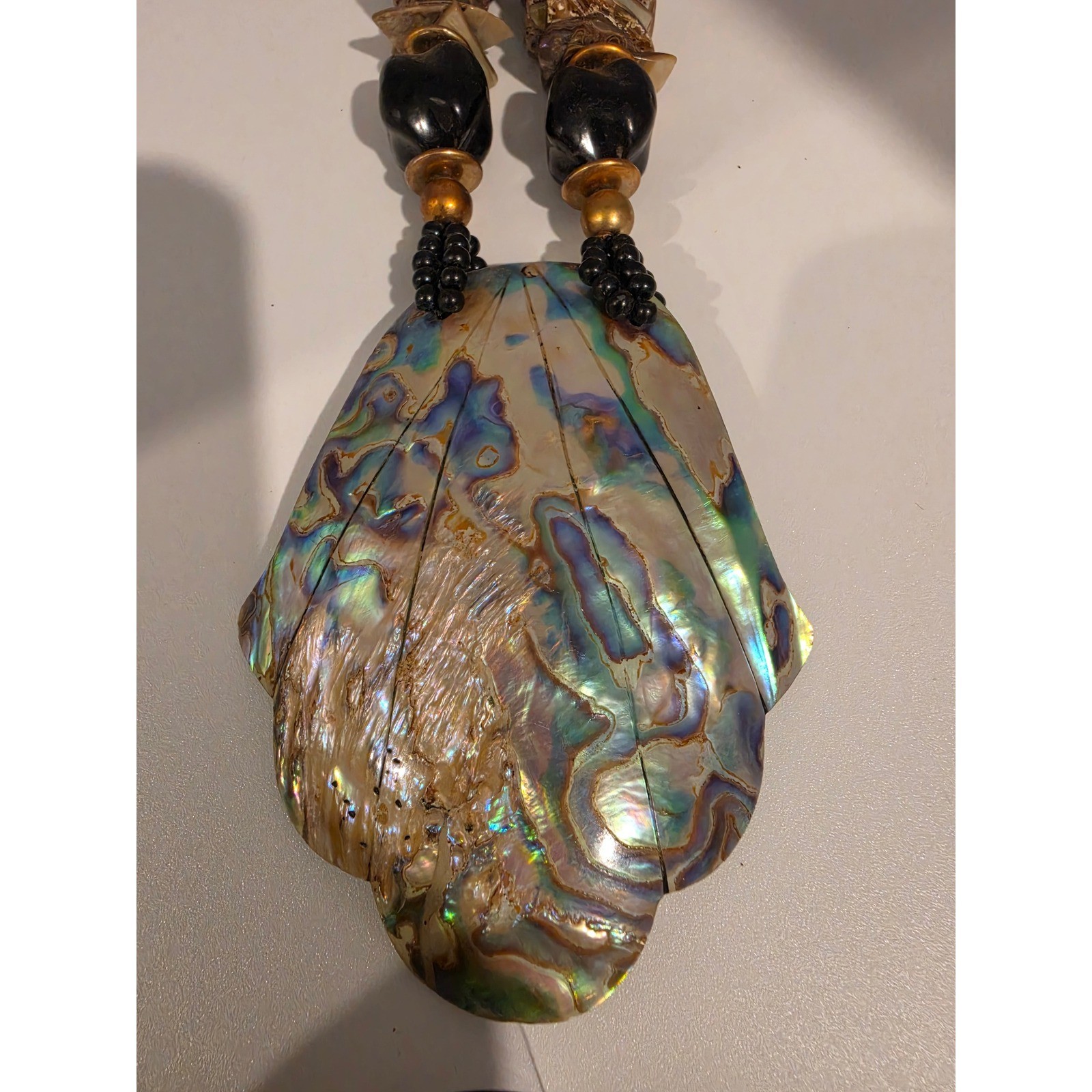 Large Abalone Shell Statement Necklace Iridescent Beaded Boho Coastal Jewelry
