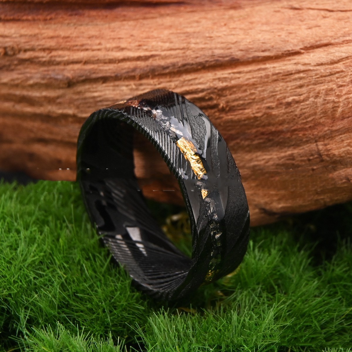 Wide Damascus Steel Ring Electric Black Flat