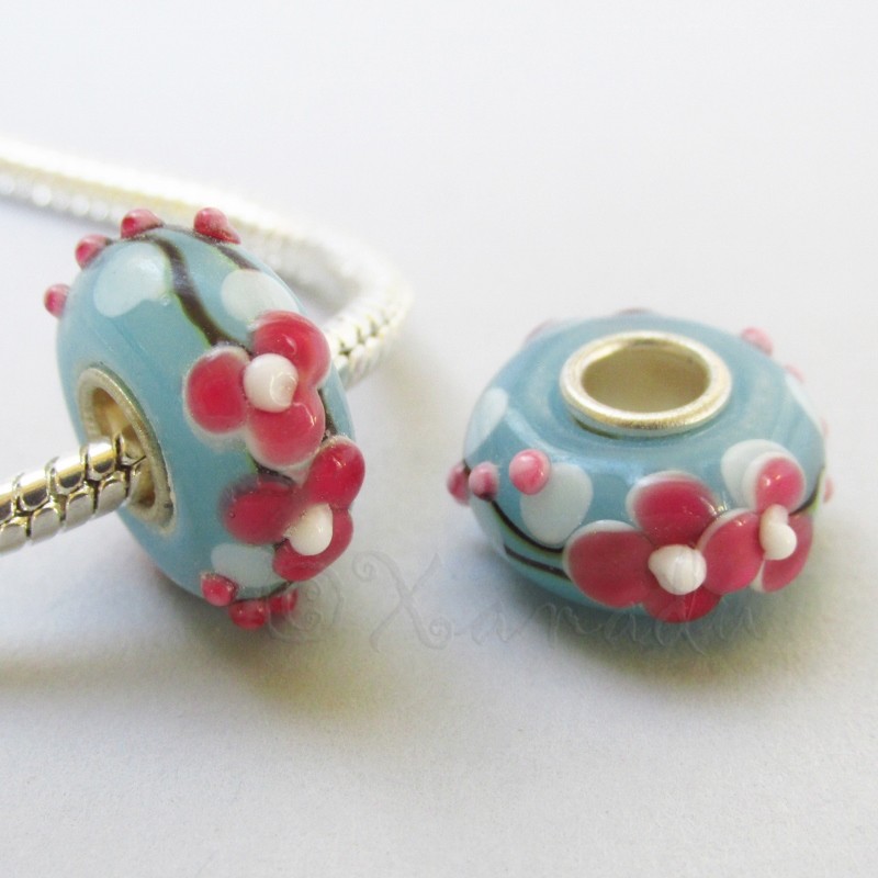 Pink Floral Lampwork Glass 15mm Large Hole European Beads EB1067 – 1, 2 Or 5PCs