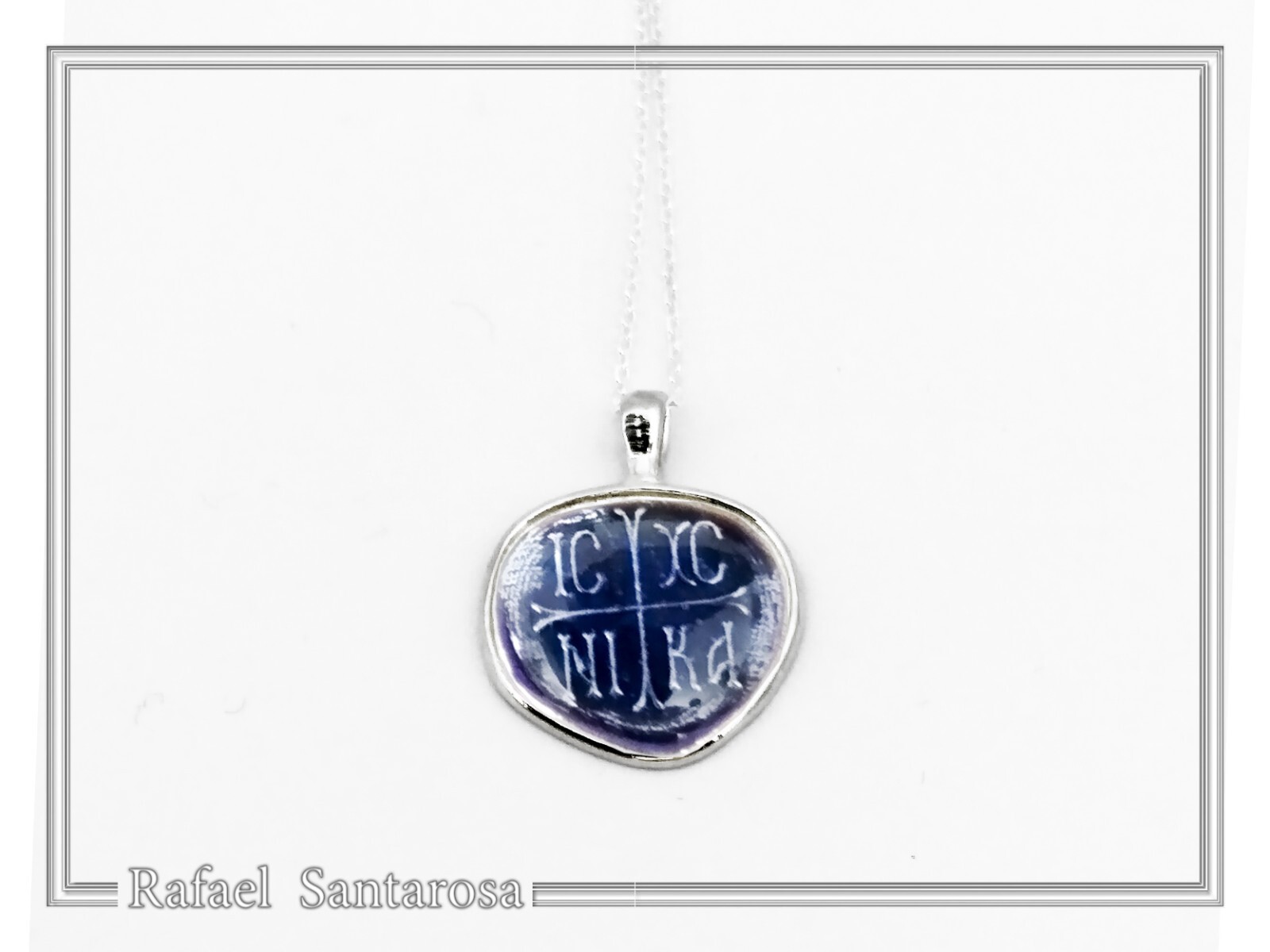 Protection cross coinshape Jesus Christ Wins silver enamel talisman charm