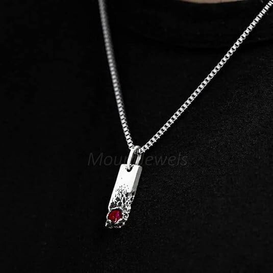 Natural Red Garnet Men Pendant 925 Silver Hammered Pendant Birthday Gift For Him