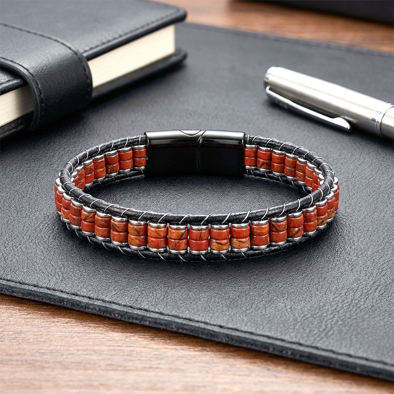 Red Jasper & Hematite Stainless Steel Braided Leather Bracelet
