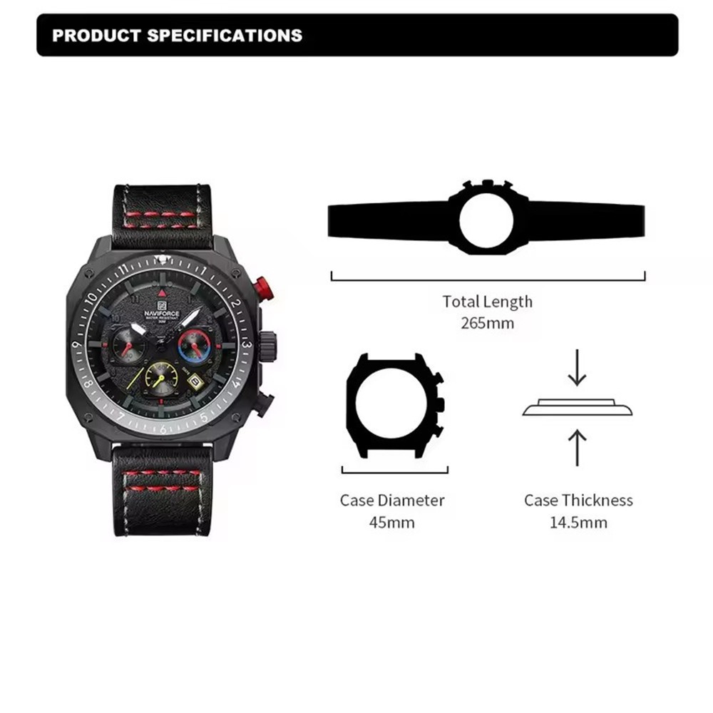 NAVIFORCE Men Watches Military Chronograph Square Watch Leather Date Wristwatch