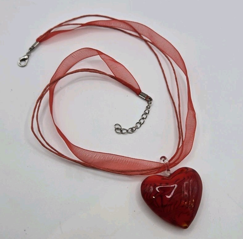 Gothic Victorian Glass Heart Choker Necklace 18″ Whimsigoth Vampire Ribbon Cord