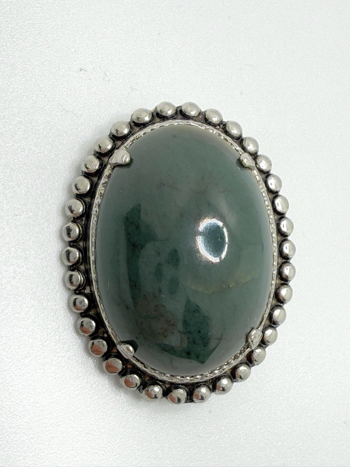 Vintage JJJ Co Sterling Silver Cabochon Green Quartz Scalloped Border Pin Brooch