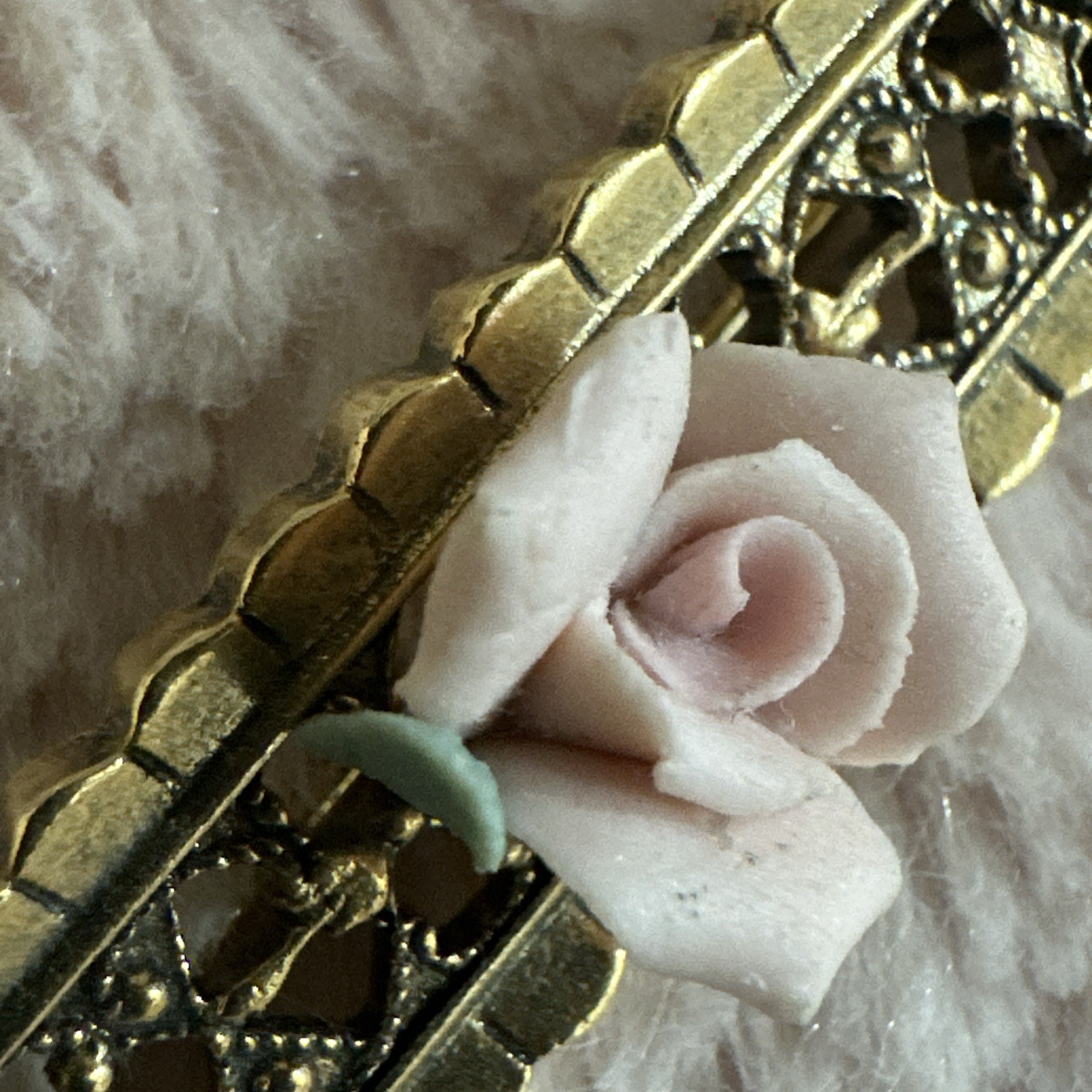 Vintage Gold Metal Pin Brooch Pink Porcelain Rose Paris Flea Market