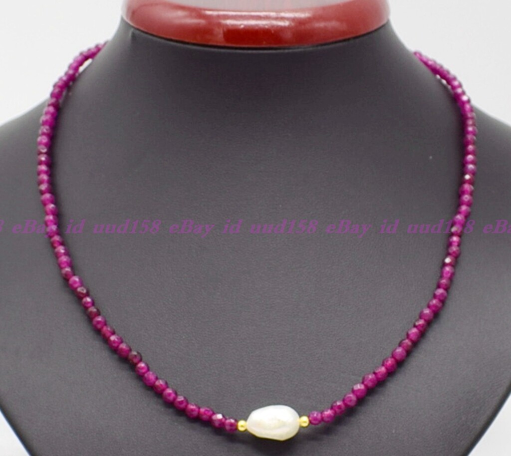 Faceted 4mm Dark Rose Red Jade Roundelle Gems White Pearl Necklace 16-28” AAA