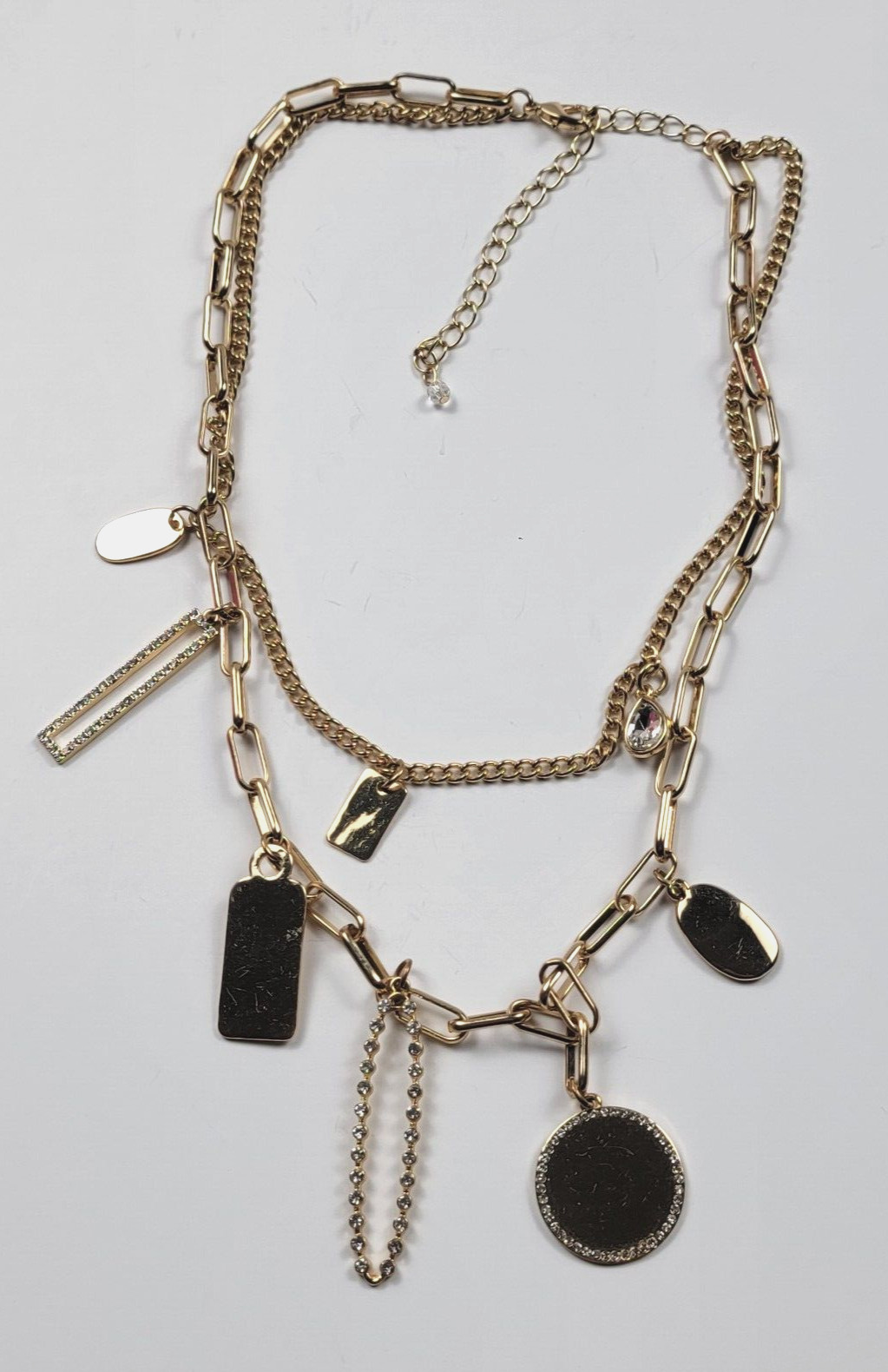 Modernist Gold Tone Clear Crystal Double Chain Multi Charm Necklace 20.5 In Adj.
