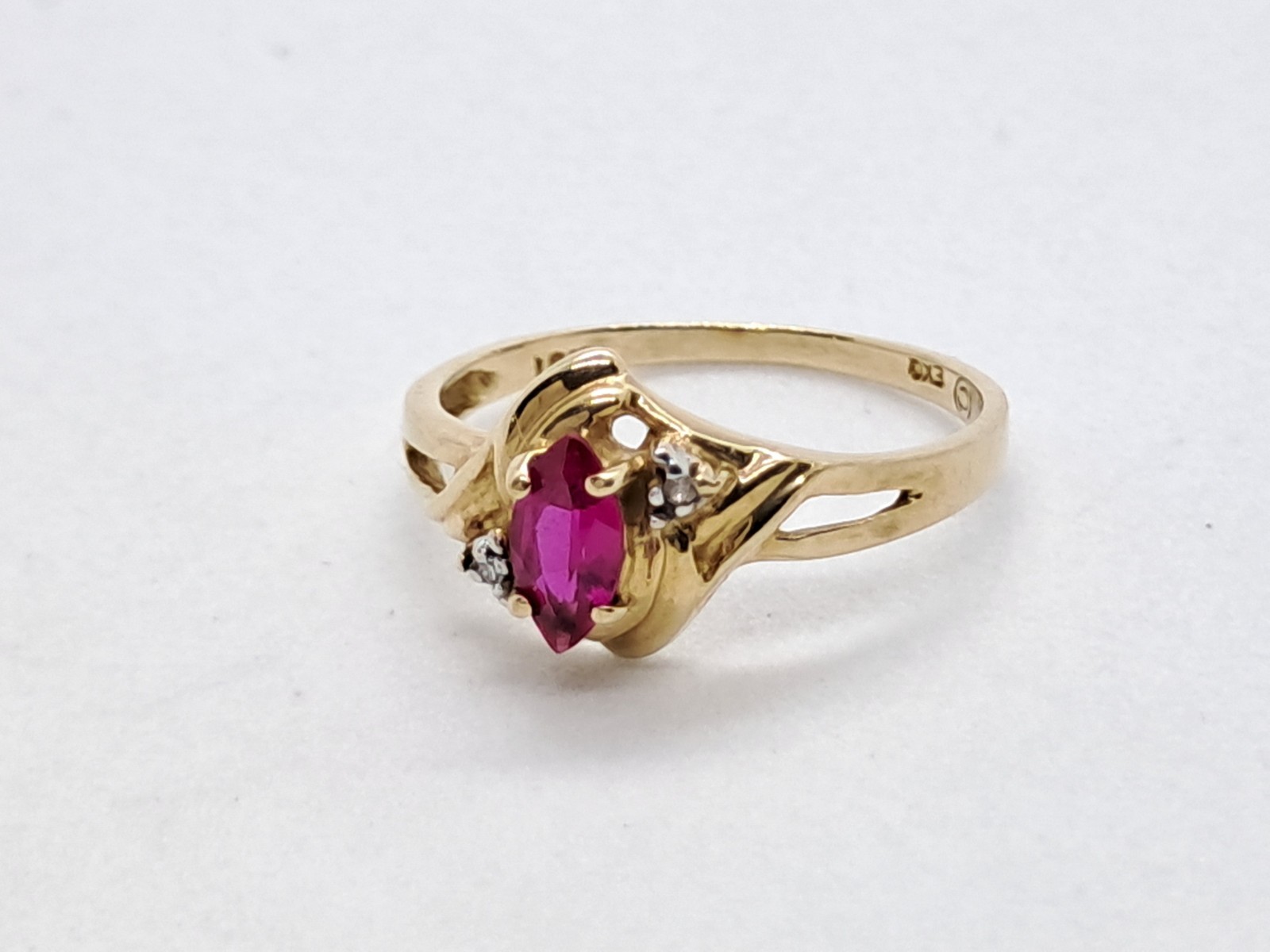 Dainty Victorian Style Marquise Ruby Ring 10K Solid Yellow Gold Natural Diamonds