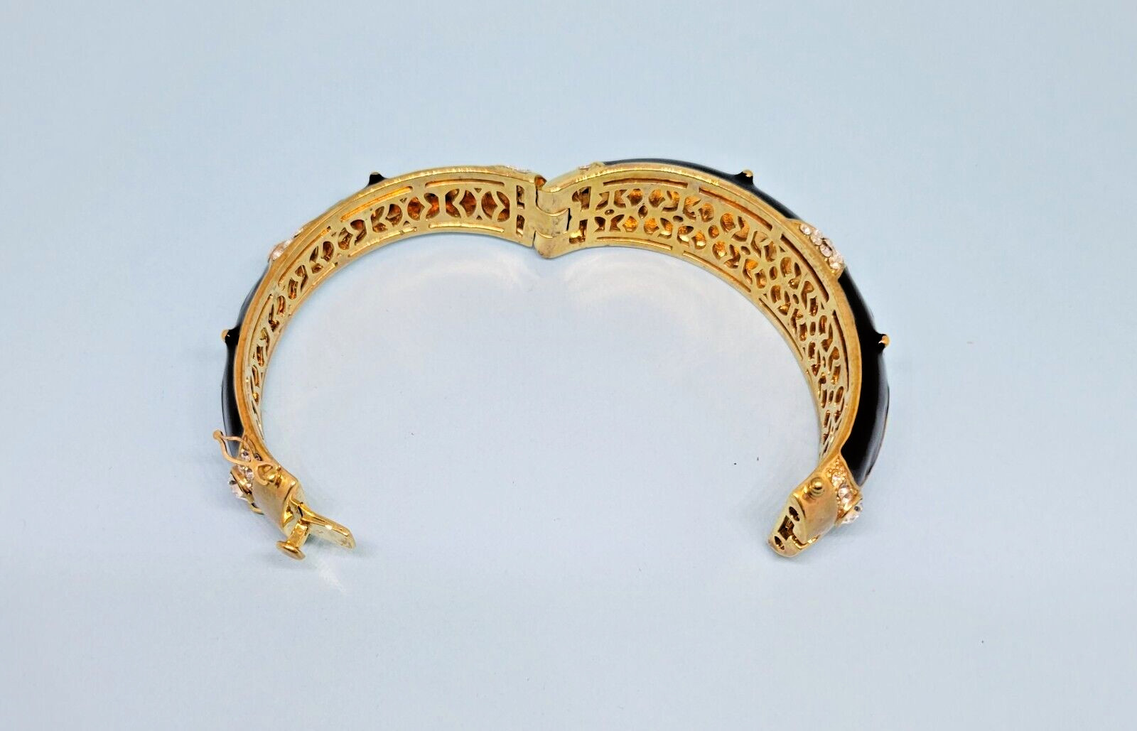 Joan Boyce Gold Tone Black Enamel Crystal Maltese Cross Hinged Bangle Bracelet