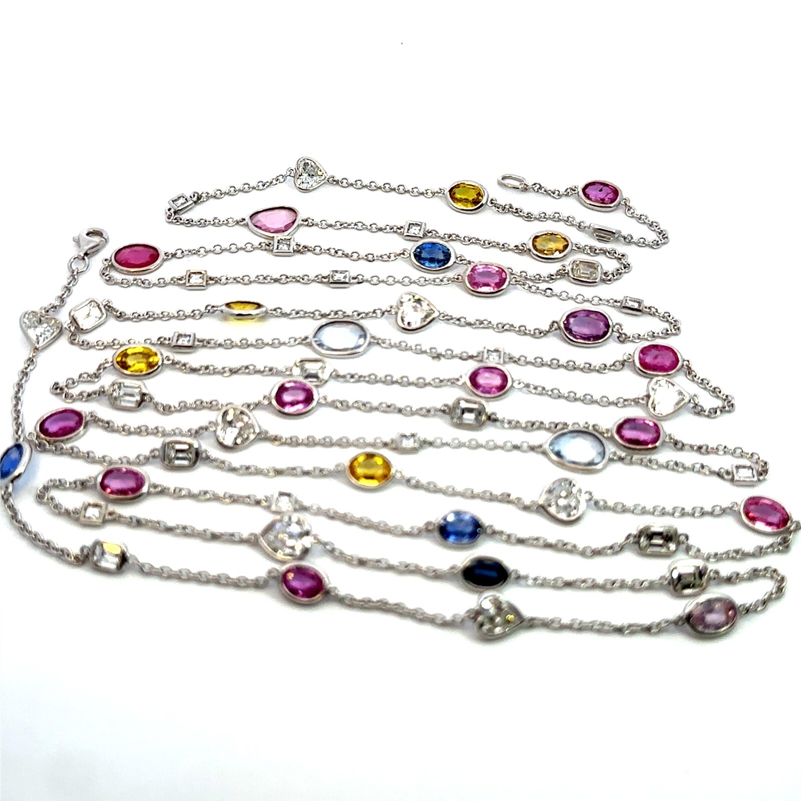 18K White Gold Fancy Cut Natural Diamonds & Multicolor Sapphire Necklace 64″