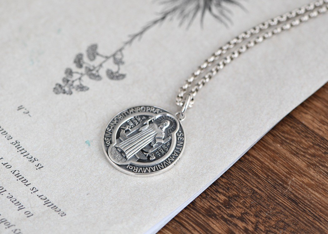 S925 Sterling Silver ST BENEDICT MEDAL Cross Pendant RELIGIOUS Protective Amulet