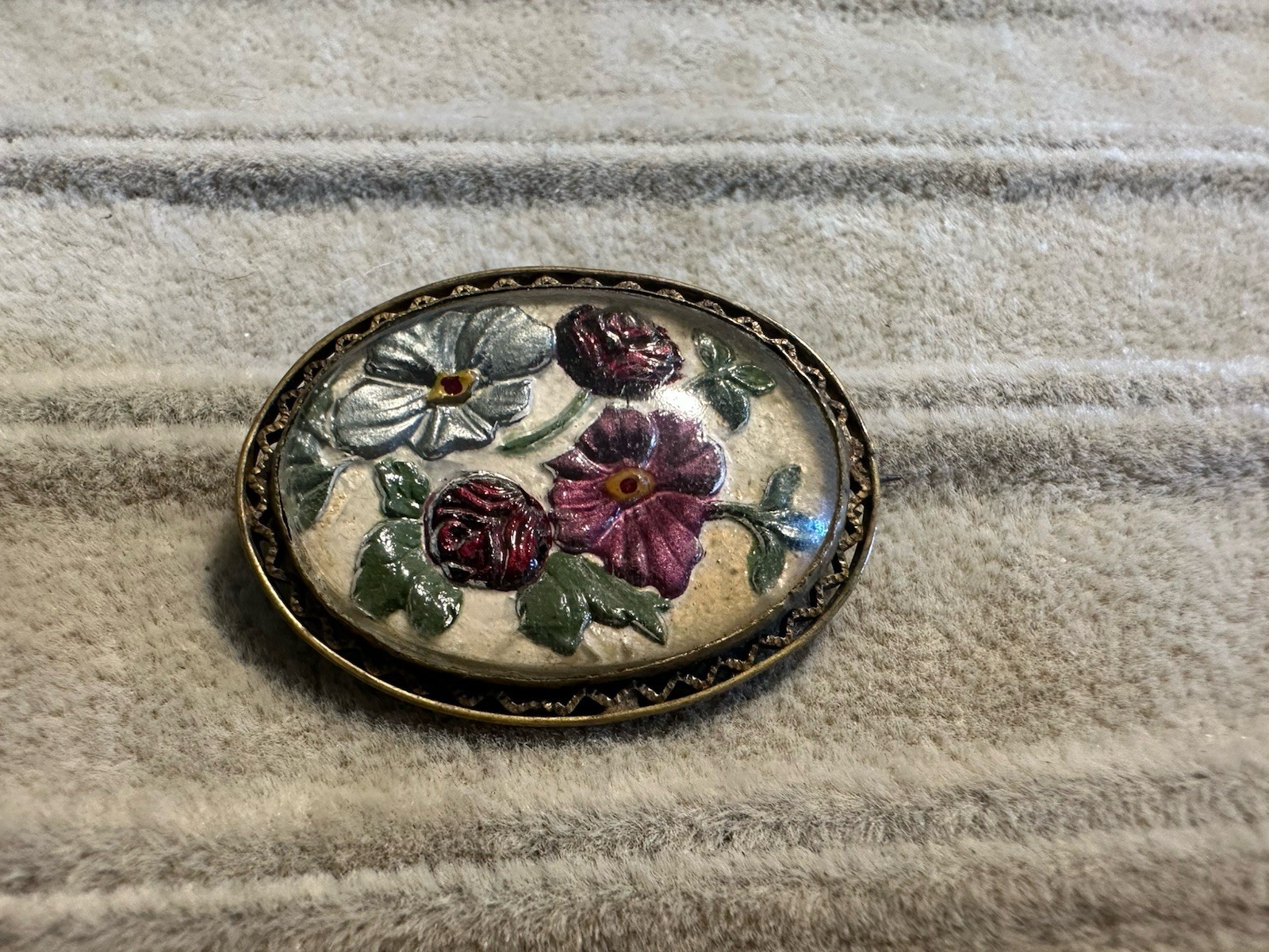 Antique Goofus Glass Dome Reverse Painted Floral Oval Brooch