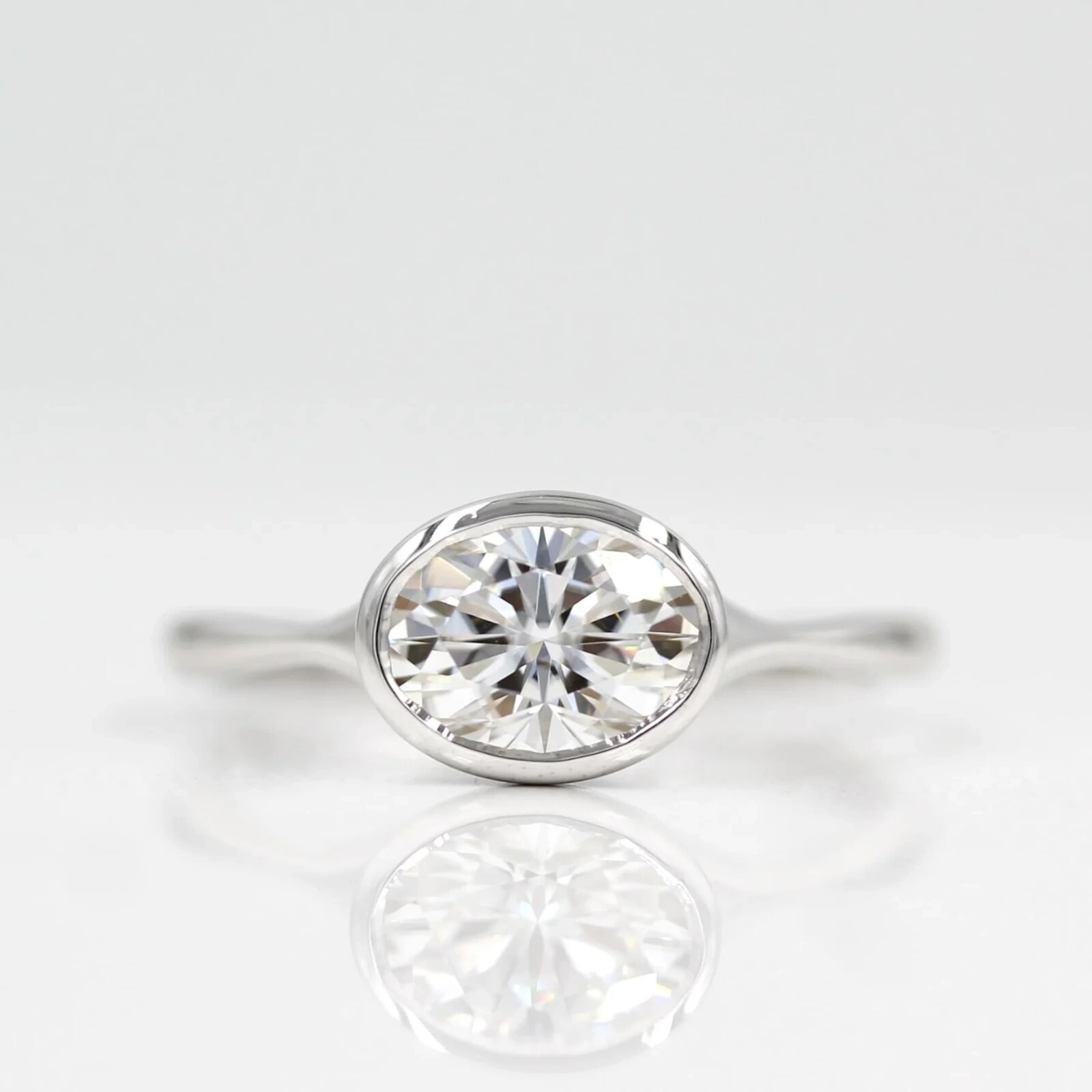 East To West Bezel Set Solitaire Silver Moissanite Oval Cut Wedding Ring For Her