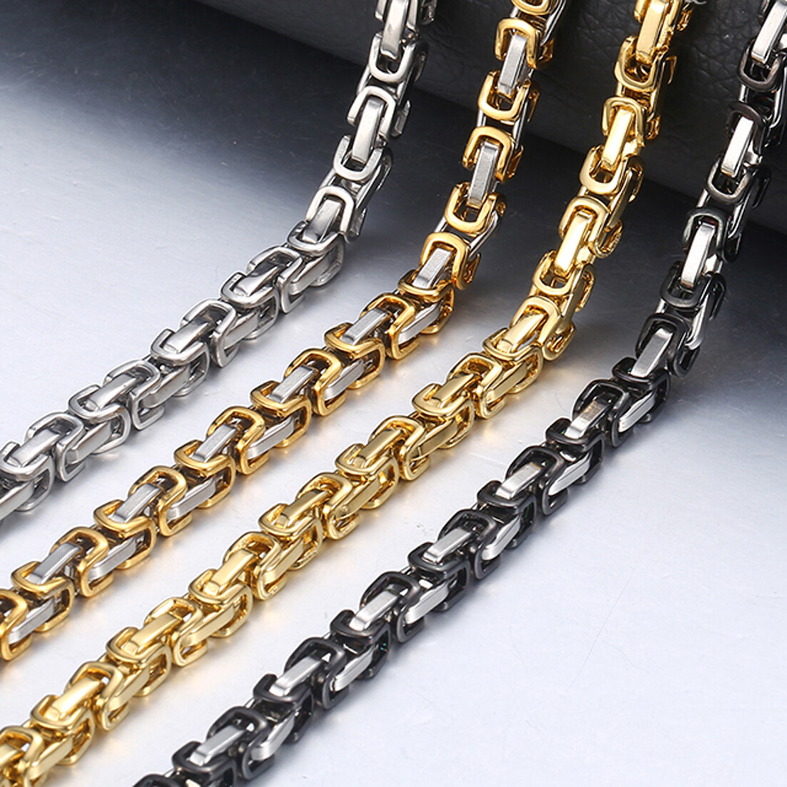 4/5/8mm Byzantine Chain Necklace For Men Stainless Steel Gold Silver Black Tone