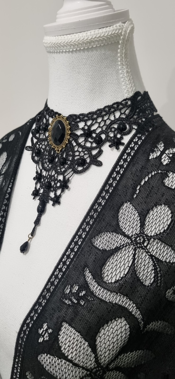 Black Lace Choker Necklace Oval Bezel-Set Pendant with Drop Dangle