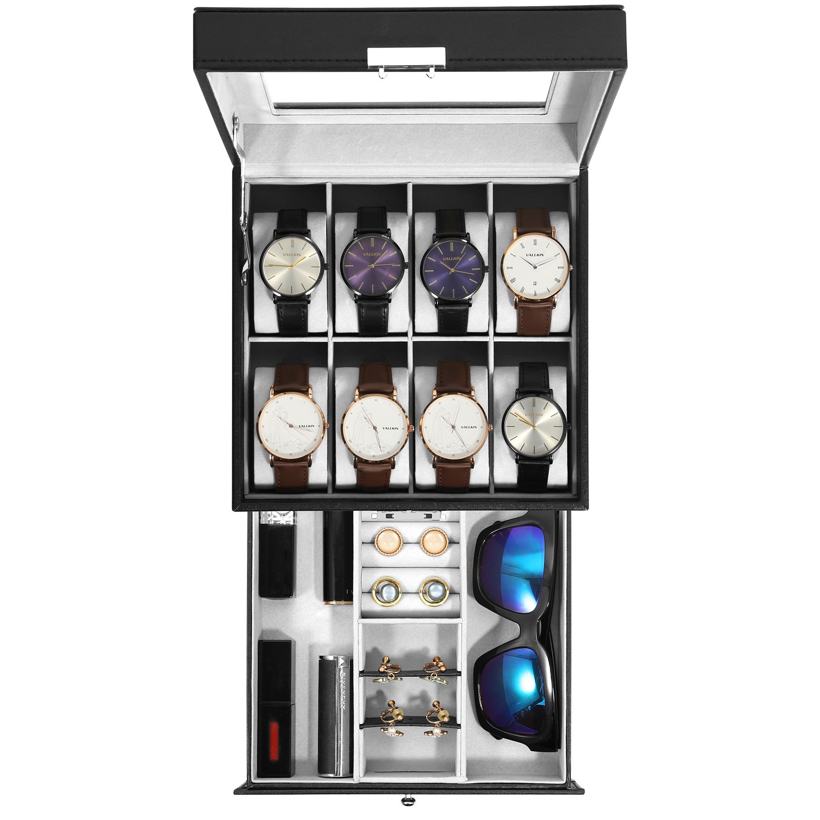 8 Slot PU Leather Watch Box Glass Top Organizer Jewelry Display Case New