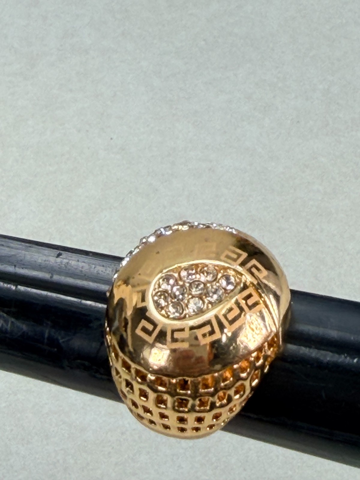 Vintage Gold Tone Greek Key Rhinestone Dome Statement Cocktail Ring