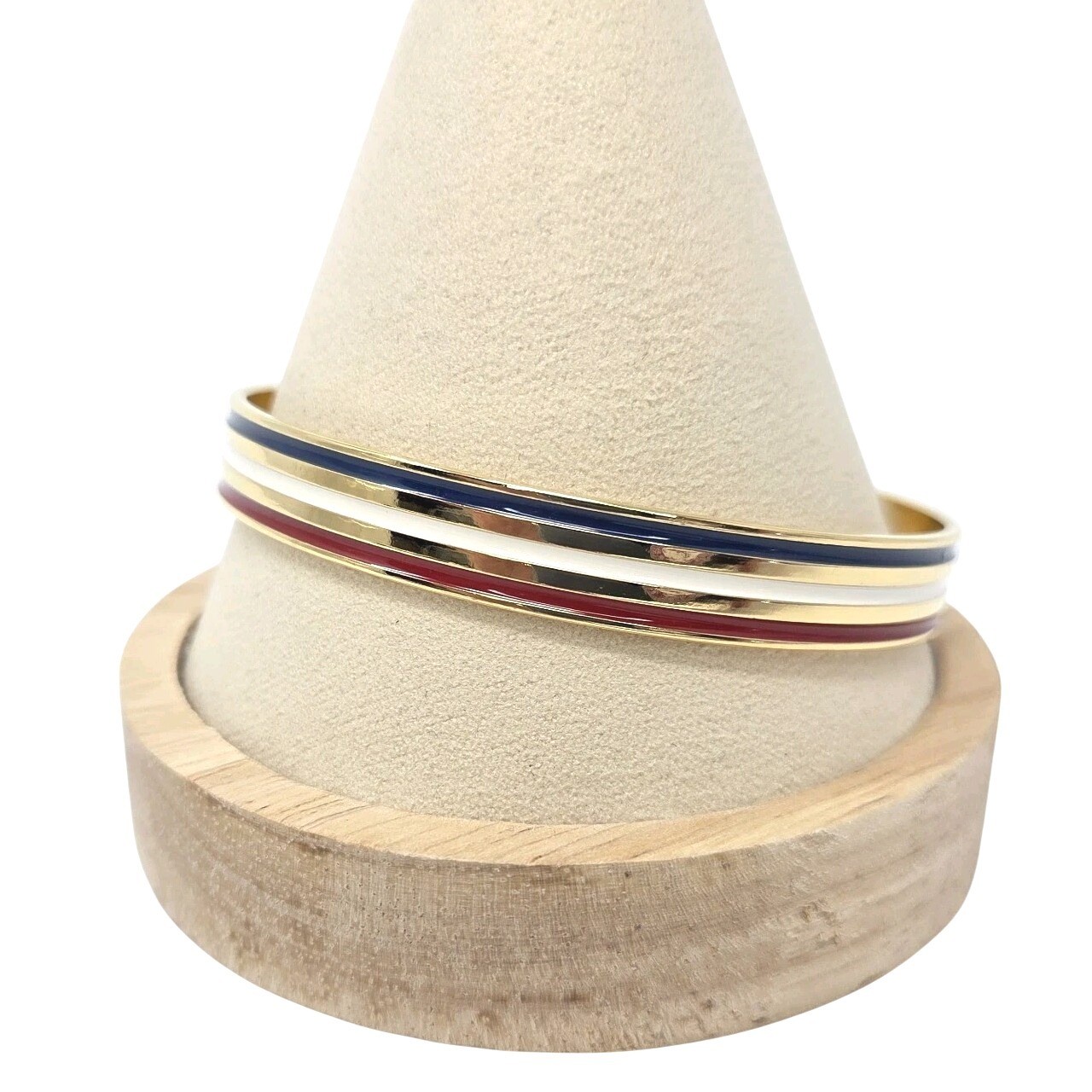 VINTAGE Red White & Blue Enameled Gold Tone Metal Bangle Bracelet