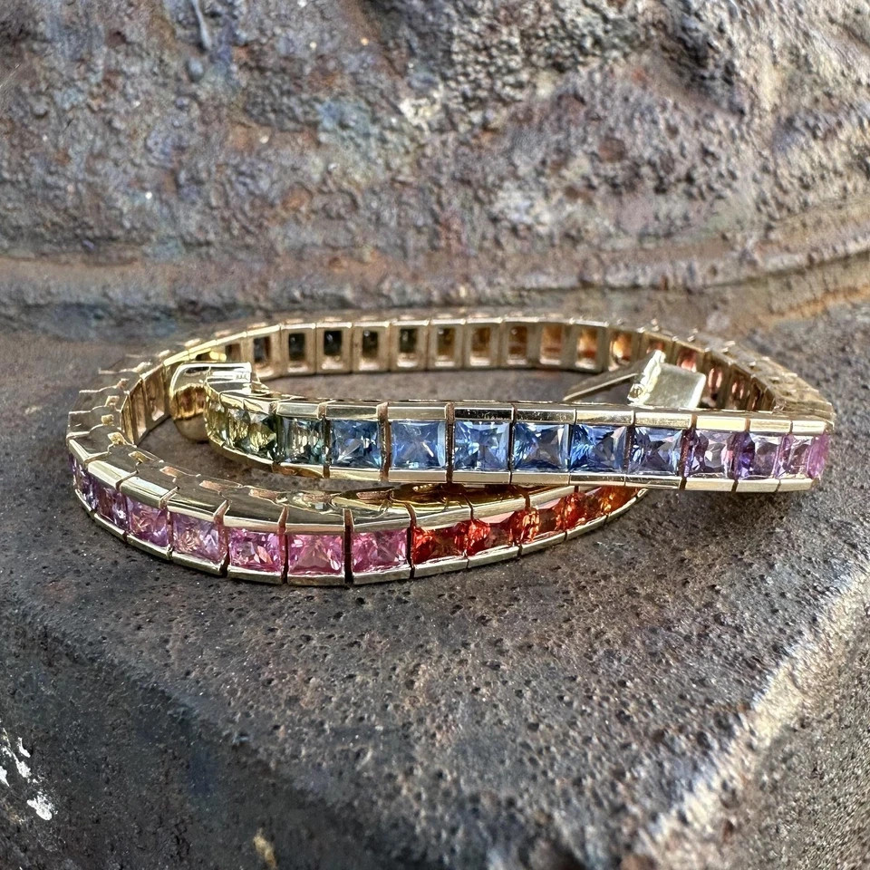 15TCW Princess Lab Created Rainbow Sapphire 14k Yellow Gold Over Tennis Bracelet