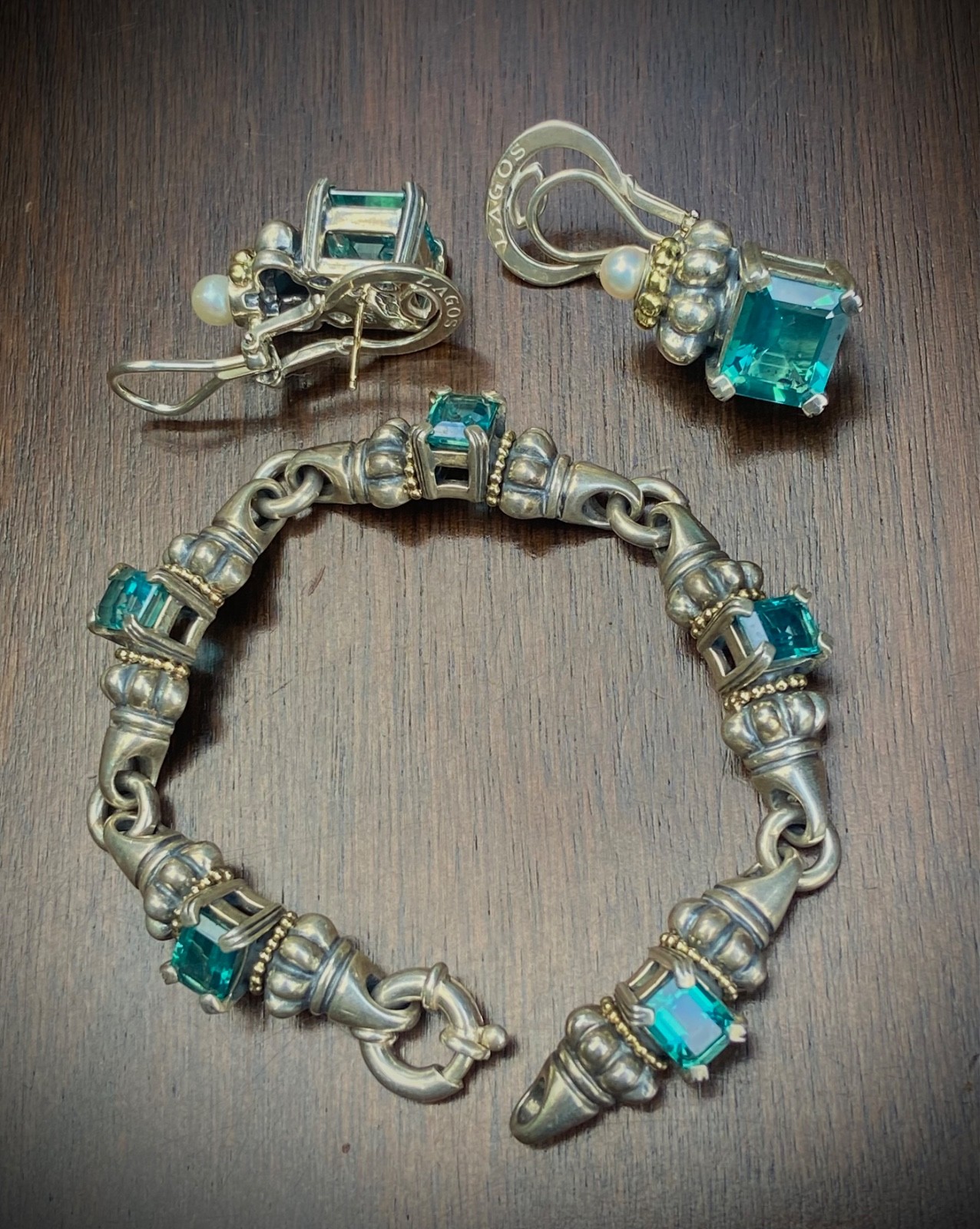 LAGOS CAVIAR Blue Topaz Sterling Silver 18k Gold Bracelet & Earrings Set