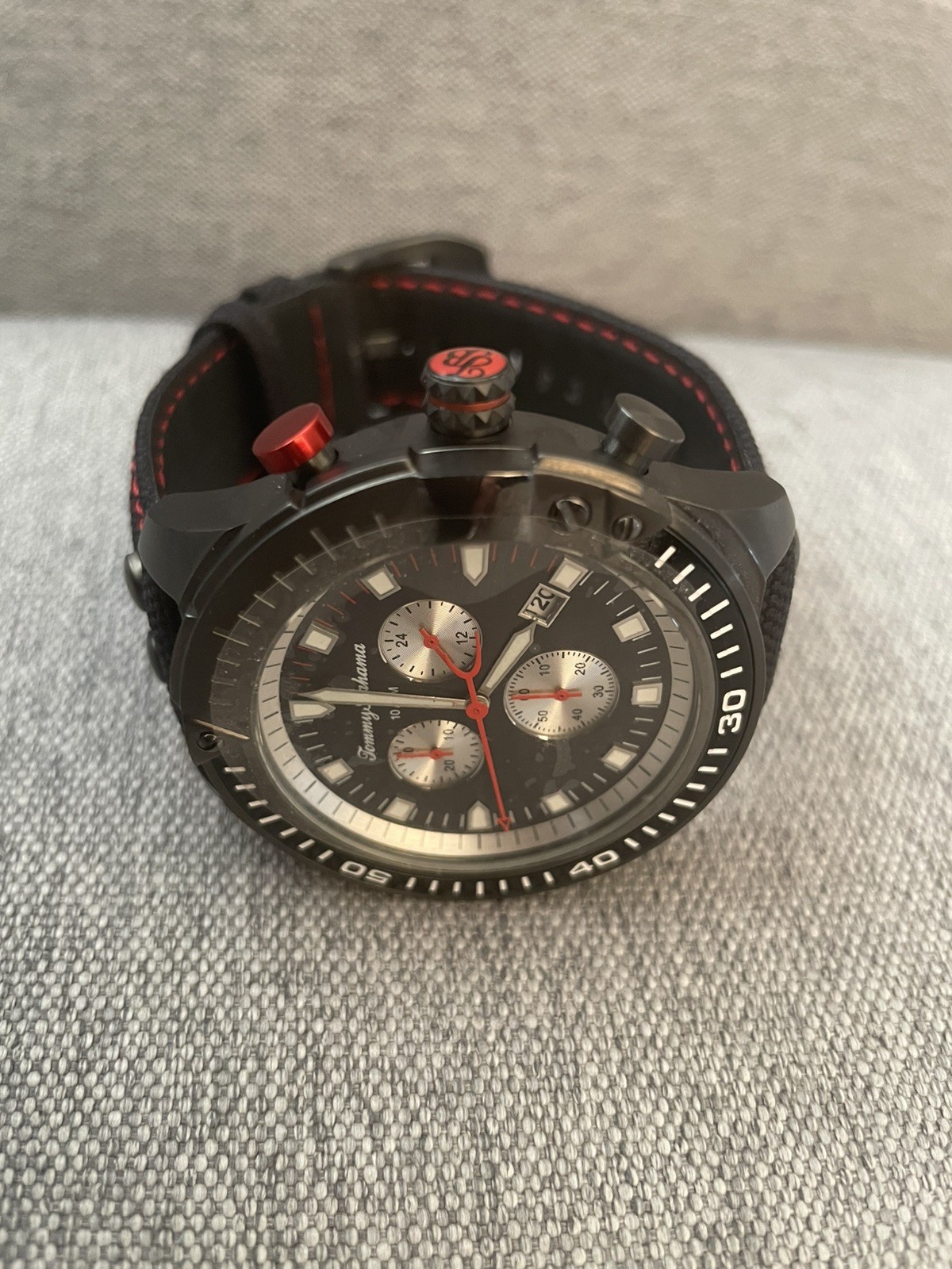 Tommy Bahama Chronograph Watch Black Red Accents 10ATM Stainless Japan Movt