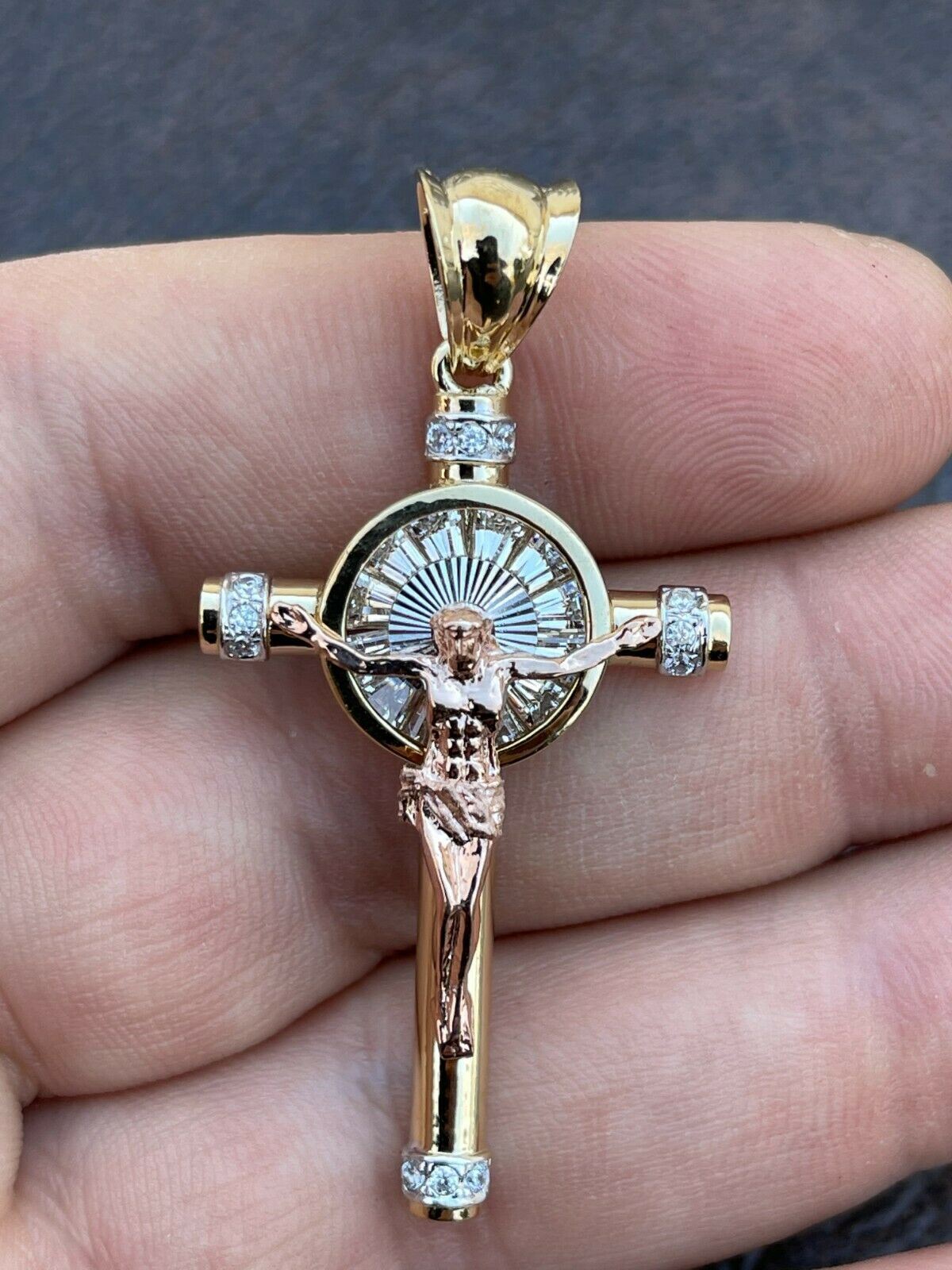 Solid 925 Silver Cross W. Jesus Pendant Yellow & Rose Gold Plated Necklace CZ