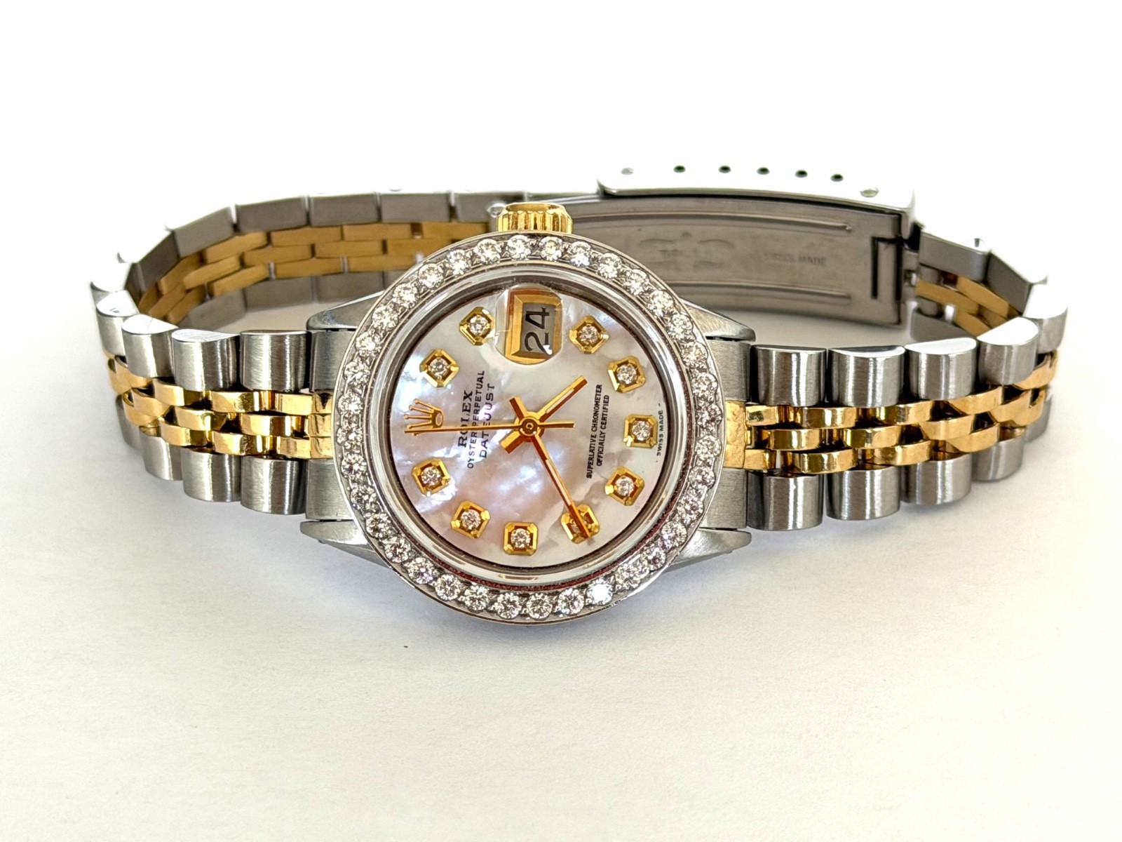 ROLEX LADIES WATCH DATEJUST TWO TONE 18K. GOLD MOP DIAMOND DIAL & DIAMOND BEZEL