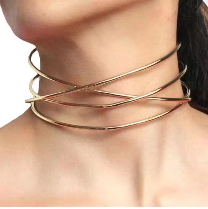 Gold Tone Collar Statement Necklace Modernist Rigid Sculptural Torque Choker