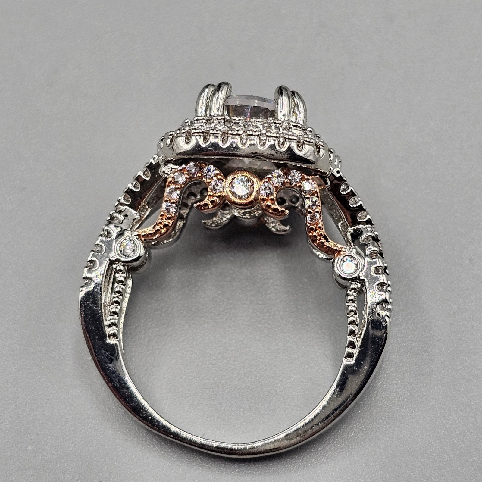 CZ Engagement Cocktail Ring Two Tone Double Halo Open Work Band Size 6.75