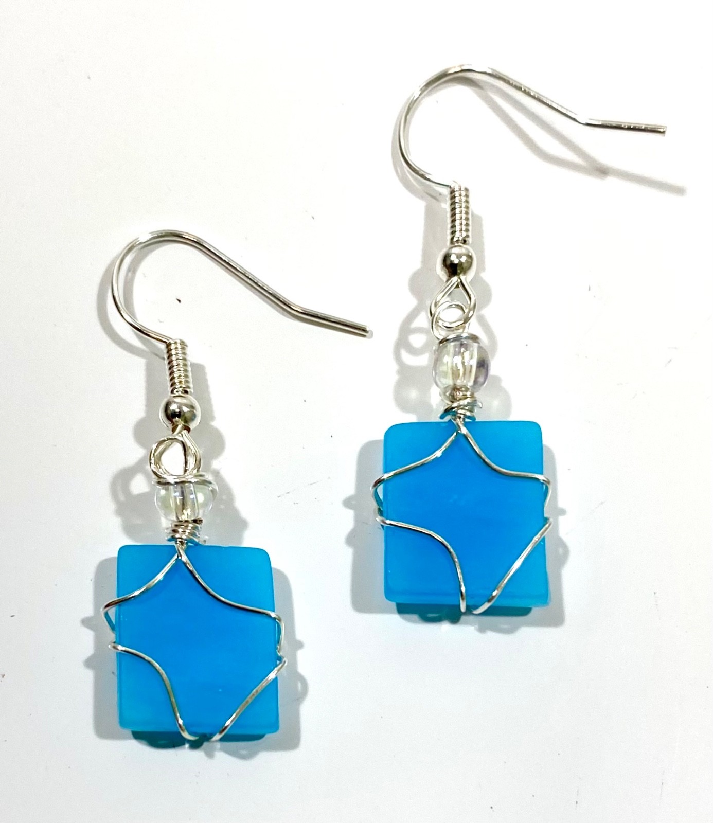 Dangle Earrings Square Sky Blue Opaque Sea Glass Straight Silver Wire Clear Bead