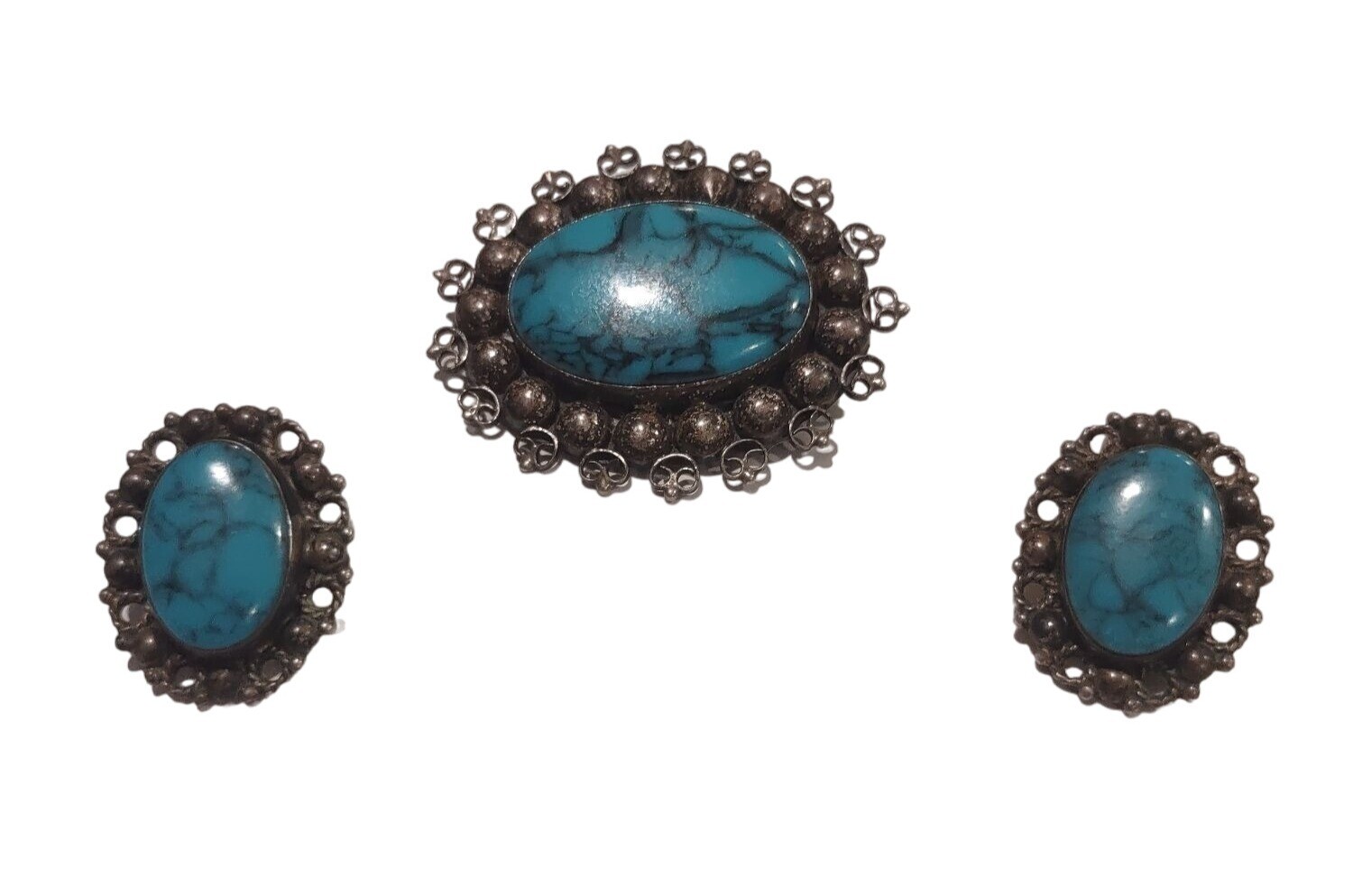 Vintage Brooch Earring Set 925 Sterling Silver Faux Turquoise 12.03g